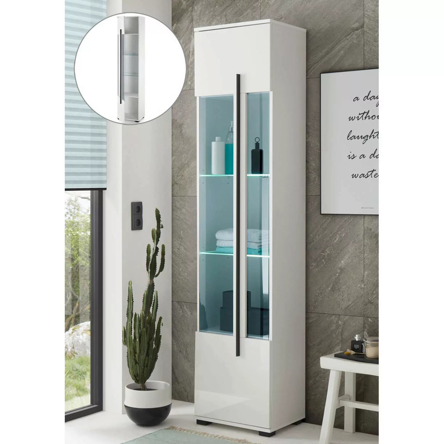 Badezimmer Hochschrank mit Glastür und Beleuchtung CHARLESTON-61 in Hochgla günstig online kaufen