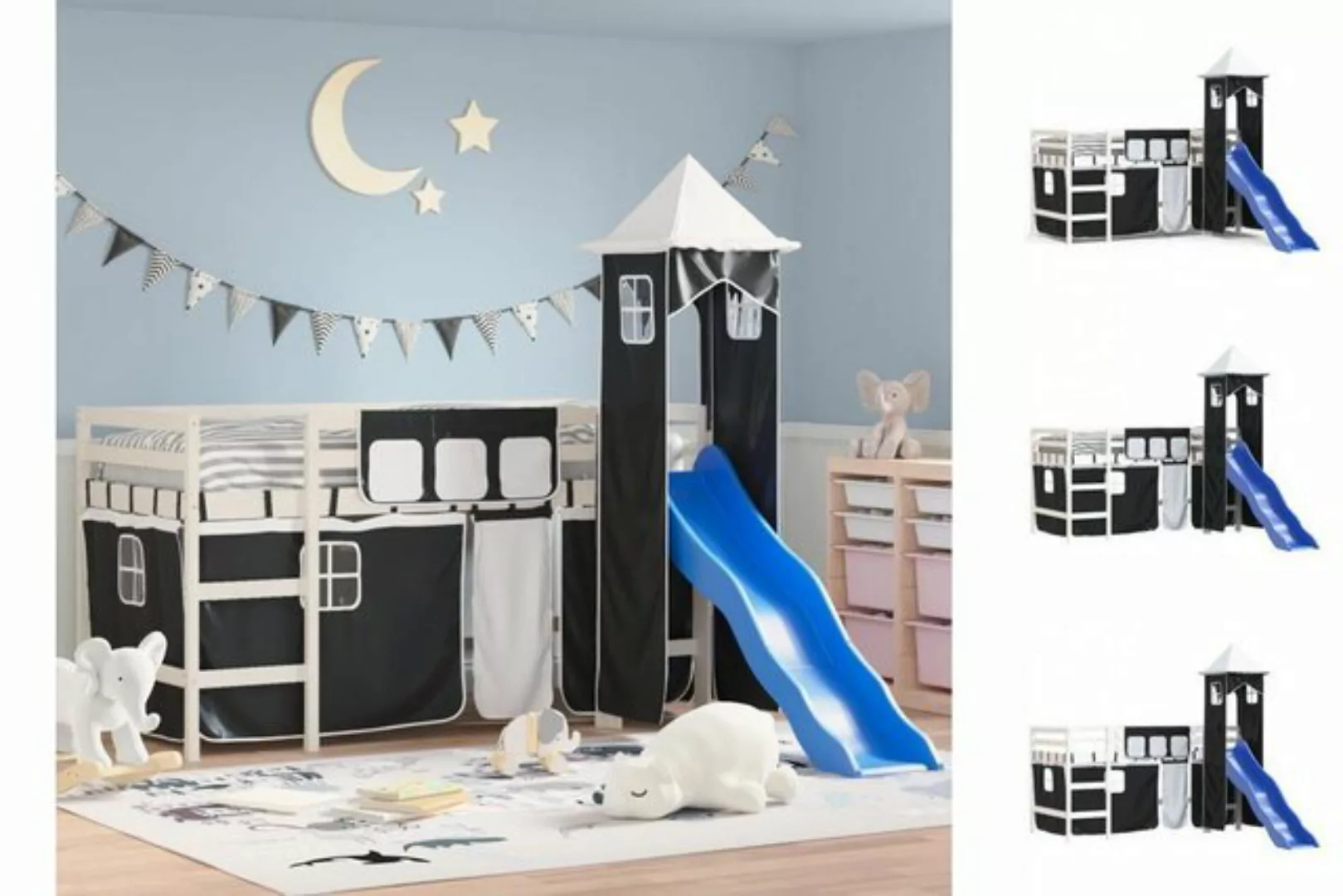 vidaXL Kinderbett Kinderhochbett mit Turm Weiß Schwarz 90x200 cm Kiefernhol günstig online kaufen