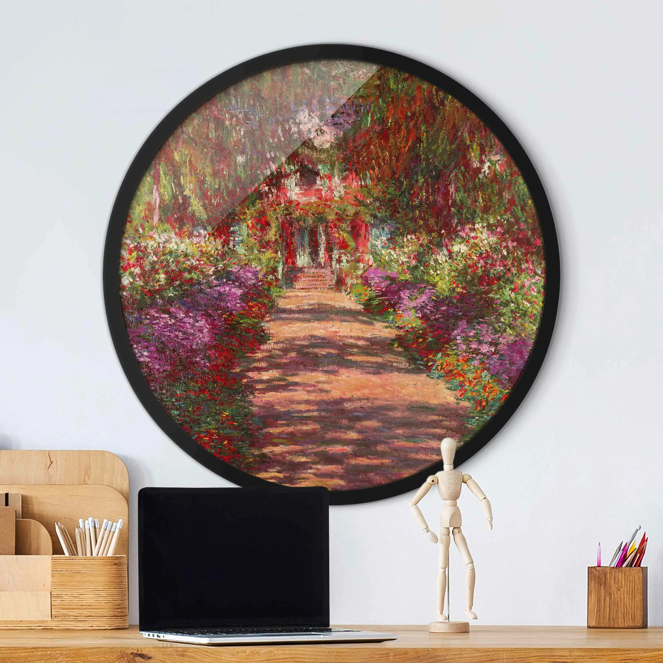 Rundes Gerahmtes Bild Claude Monet - Weg in Monets Garten in Giverny günstig online kaufen