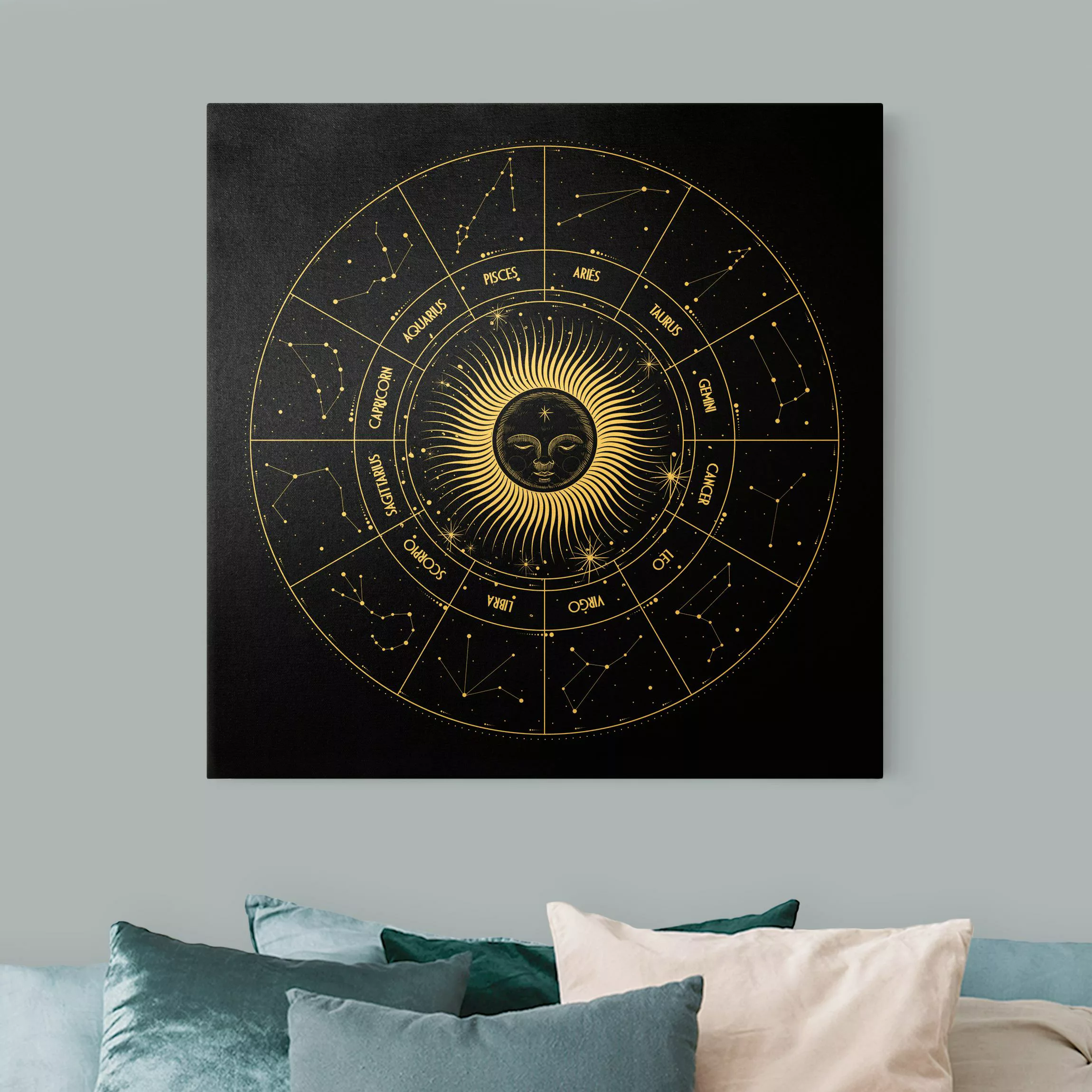 Leinwandbild Gold Astrologie Sternzeichen im Sonnenkreis Schwarz günstig online kaufen