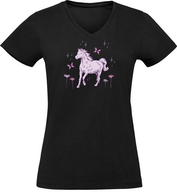 MyDesign24 T-Shirt Damen Pferde Print Shirt - Pferd mit Blumen V-Ausschnitt günstig online kaufen