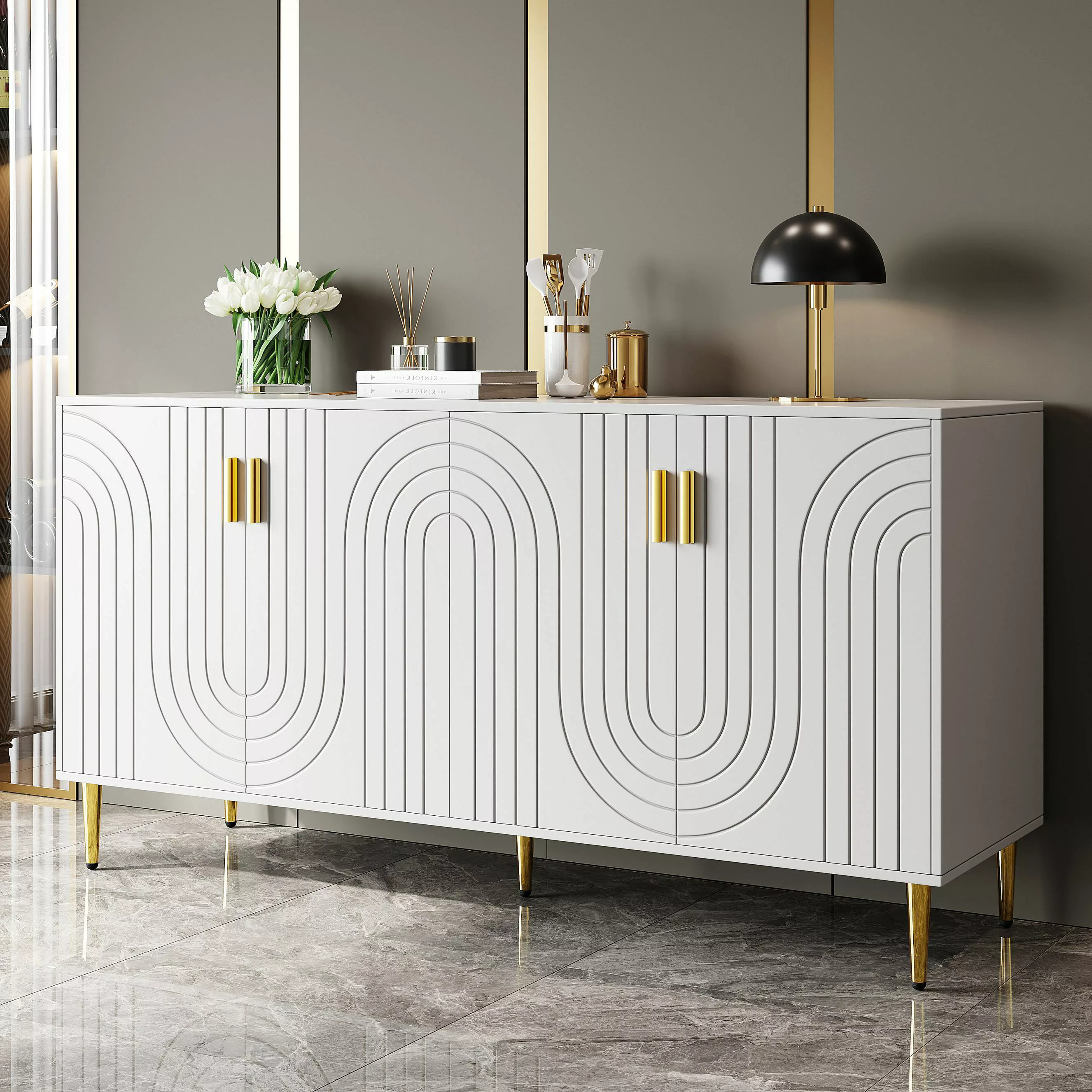 Anrichte mit goldenen Griffen, Moderne Anrichte mit Wellen Design, Anrichte günstig online kaufen