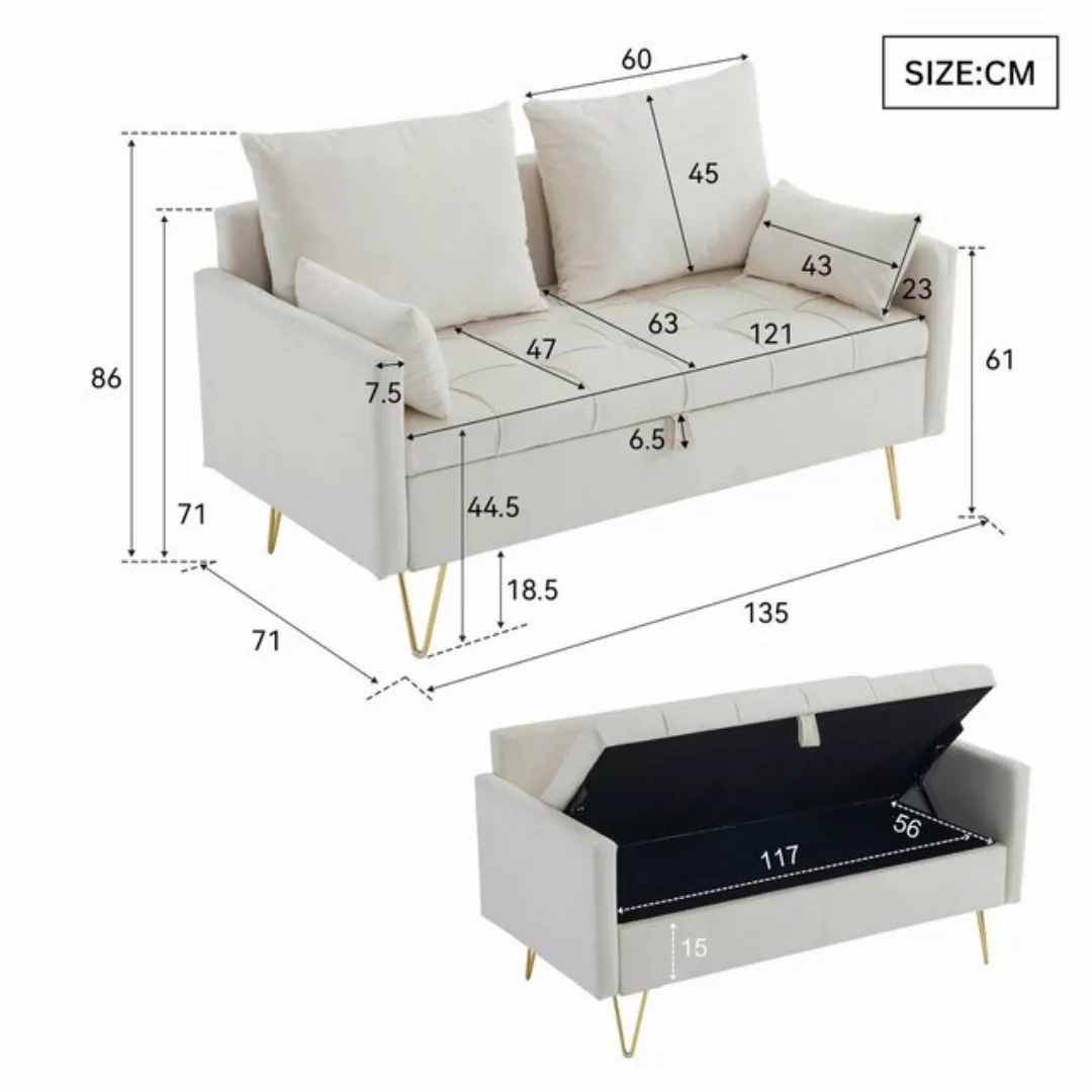 SeedWave Sofa 2-Sitzer Sofa mit Stauraum, Gepolstertes Samt-Loveseat mit Ki günstig online kaufen