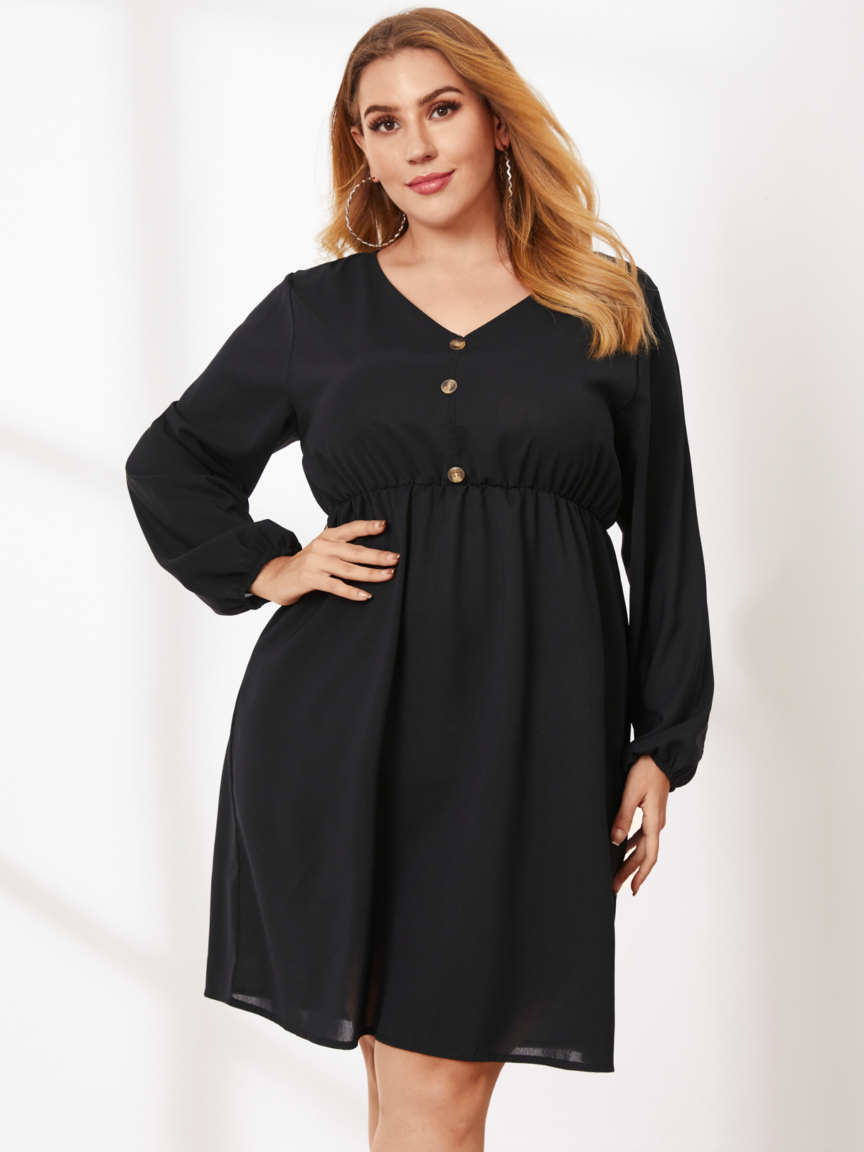 Plus Size V-Ausschnitt Elastischer Riemen Lange Ärmel Mini Kleid günstig online kaufen