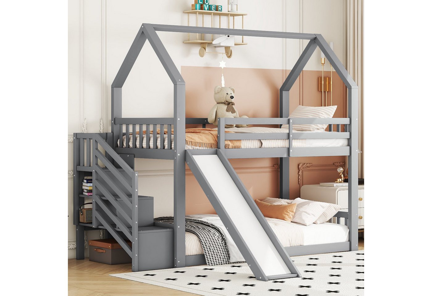 Flieks Etagenbett, Kinderbett mit Treppe & Rutsche & oberem Lattenrost 90x2 günstig online kaufen