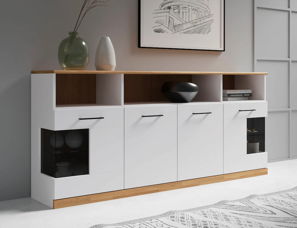 Home affaire Sideboard "Ribe,180cm breit, 9 Fächer", Oberplatte Massivholz, günstig online kaufen