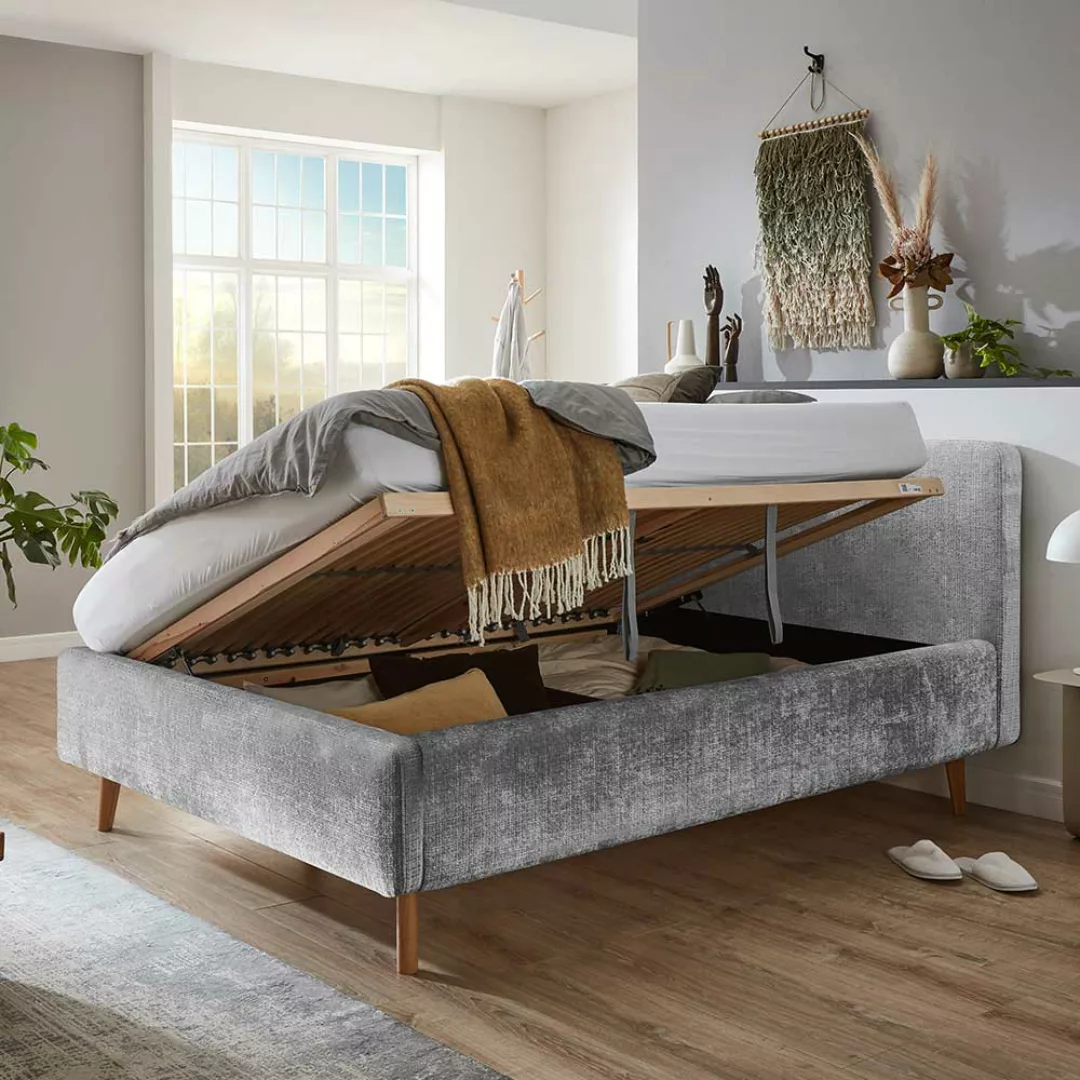 Polsterbett mit Bettkasten grau aus Boucle Stoff Eiche Massivholz günstig online kaufen