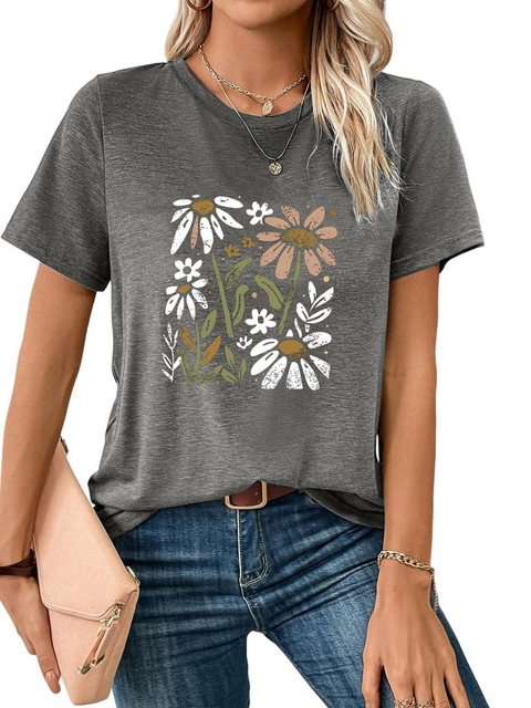 PYL T-Shirt Damen Sommer Kurzarmbluse Locker Gänseblümchen Print-Shirt günstig online kaufen