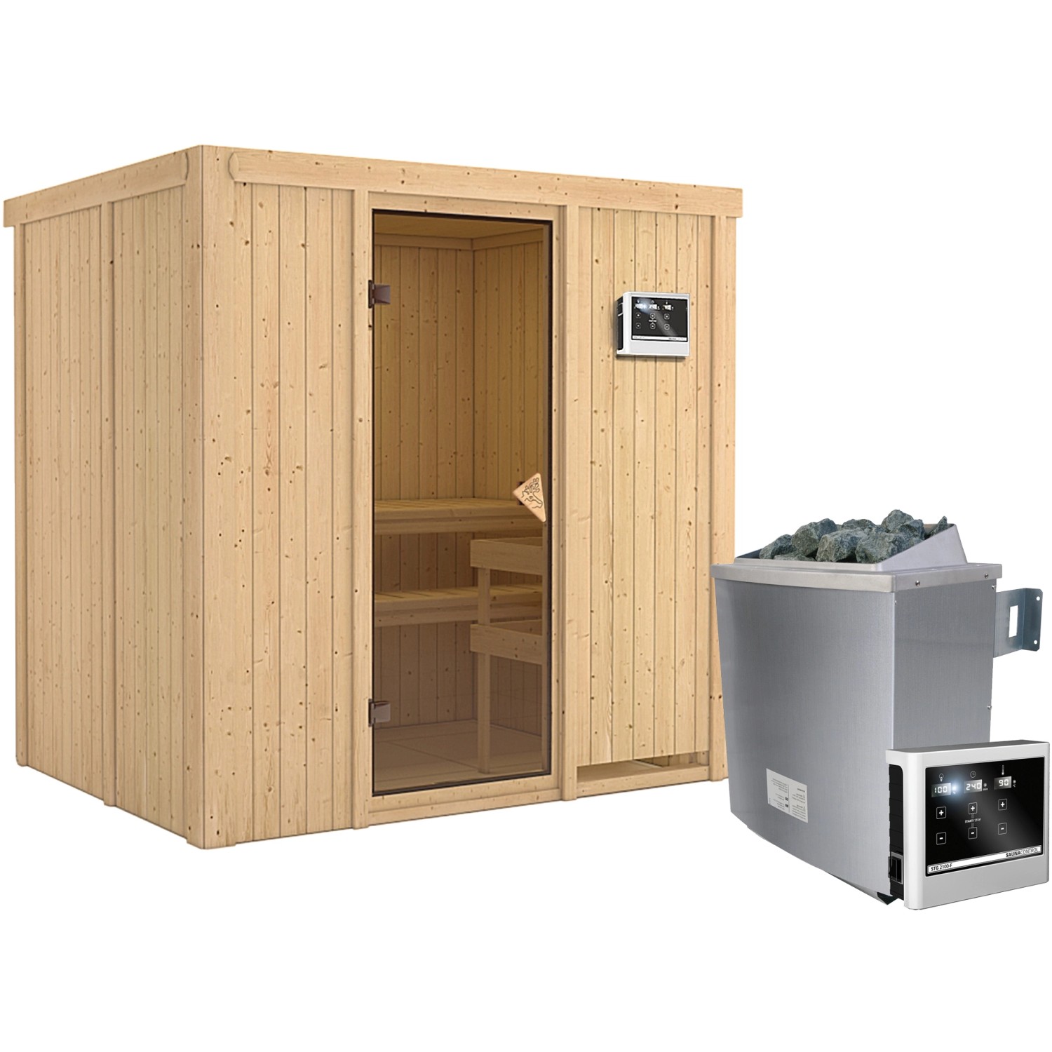 Karibu Sauna-Set Bjarne inkl. Edelstahl-Ofen 9 kW mit ext. Steuerung günstig online kaufen