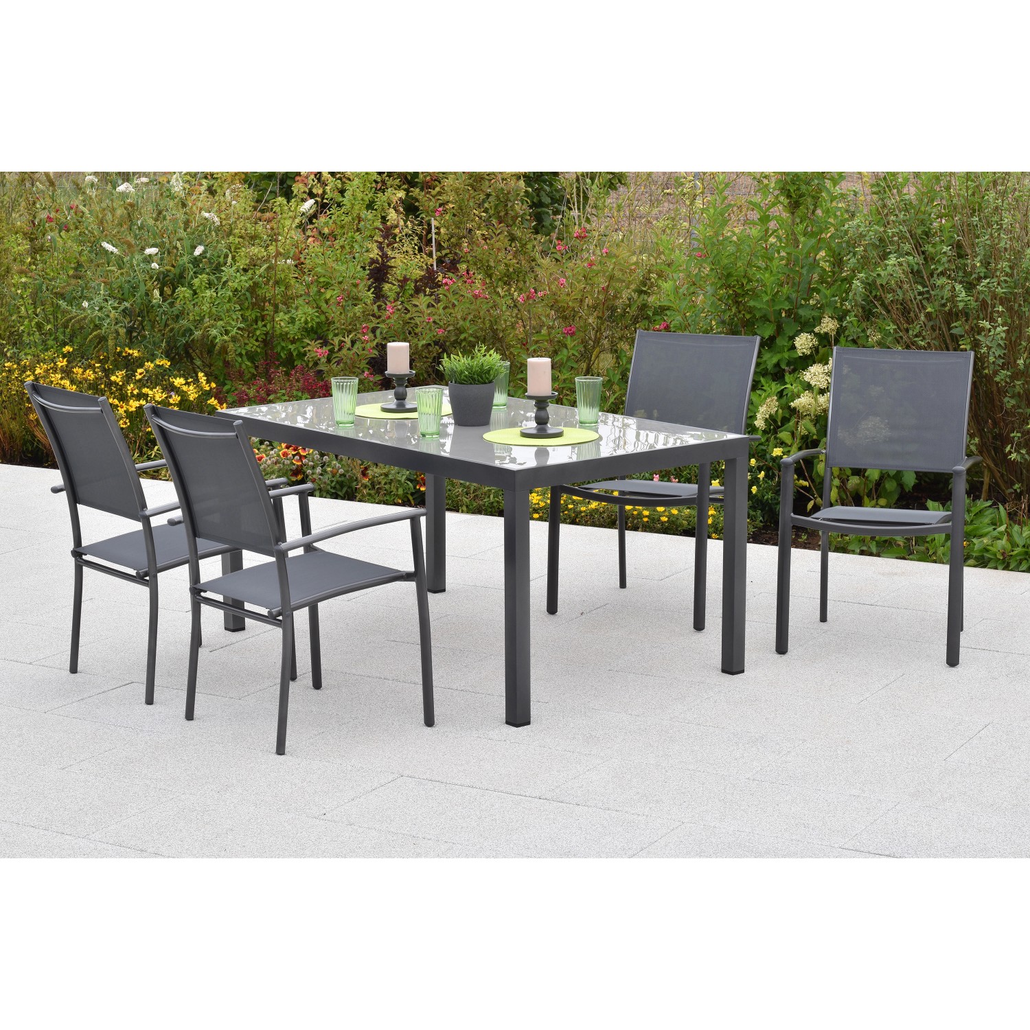 Merxx Milano Set 5-tlg. 4 Stapelsessel Gartentisch 150 x 90 cm Grau günstig online kaufen