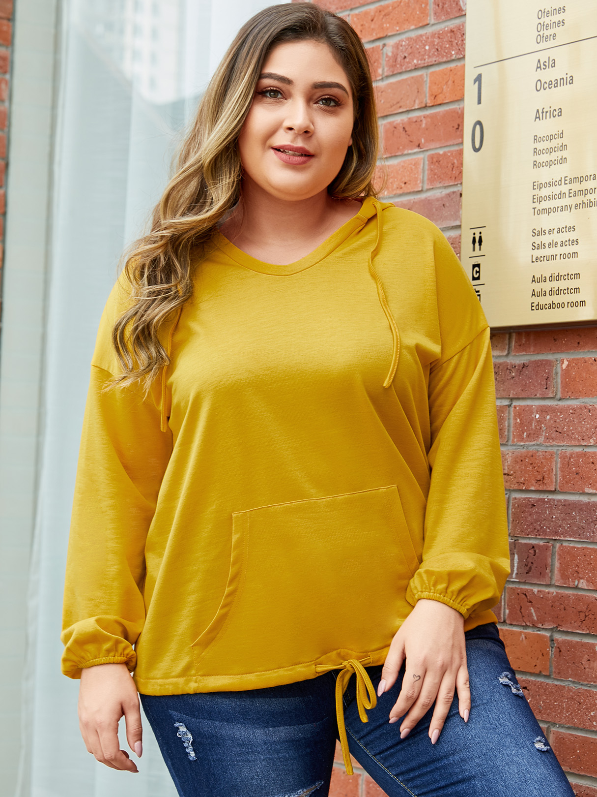 YOINS Plus Größe Gelbes Sweatshirt mit langen Ärmeln günstig online kaufen