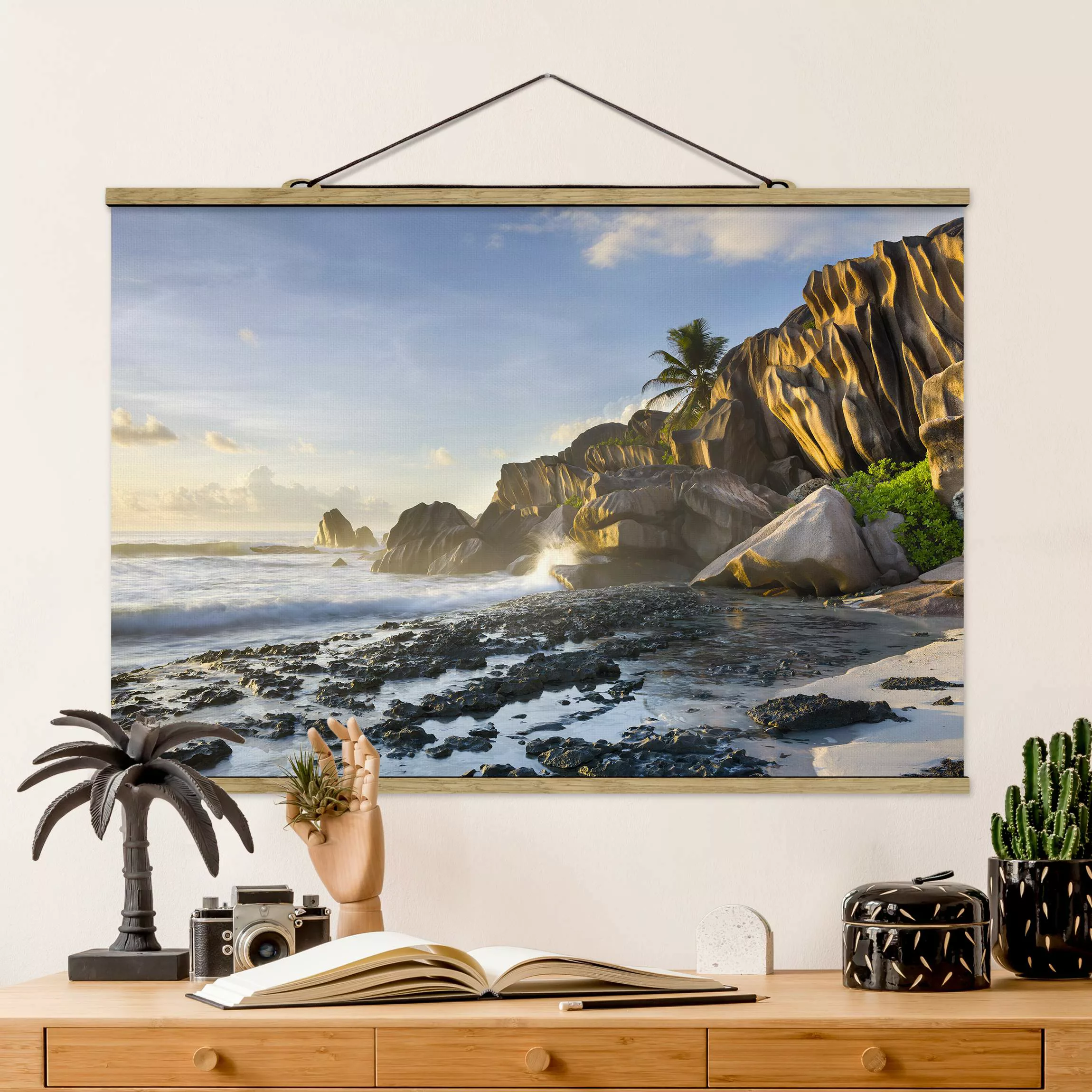Stoffbild Strand mit Posterleisten - Querformat Sonnenuntergang im Inselpar günstig online kaufen