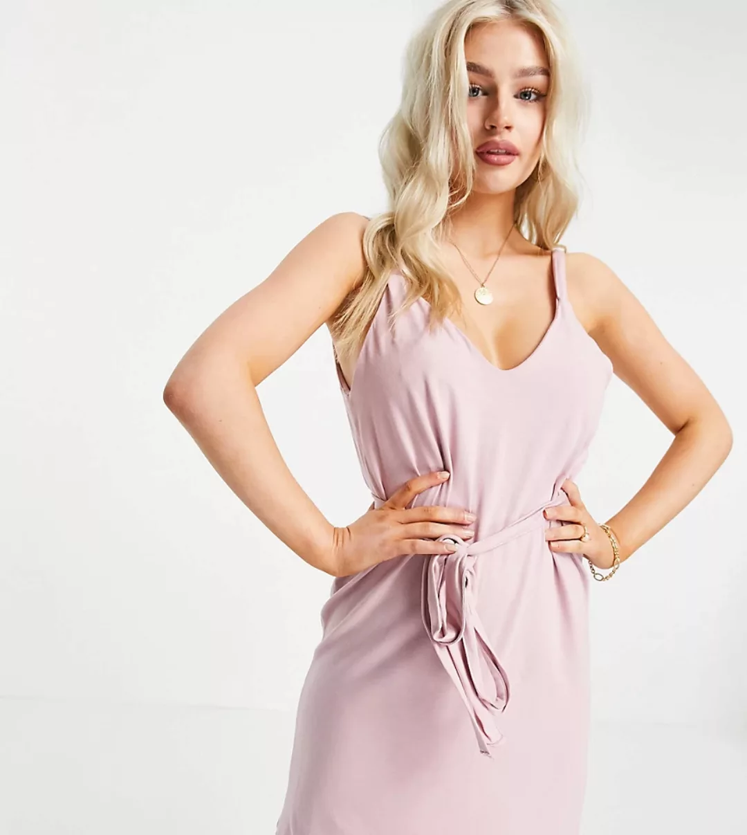 ASOS DESIGN Petite – Sommerkleid mit schmalen Trägern, Bindeband und V-Auss günstig online kaufen