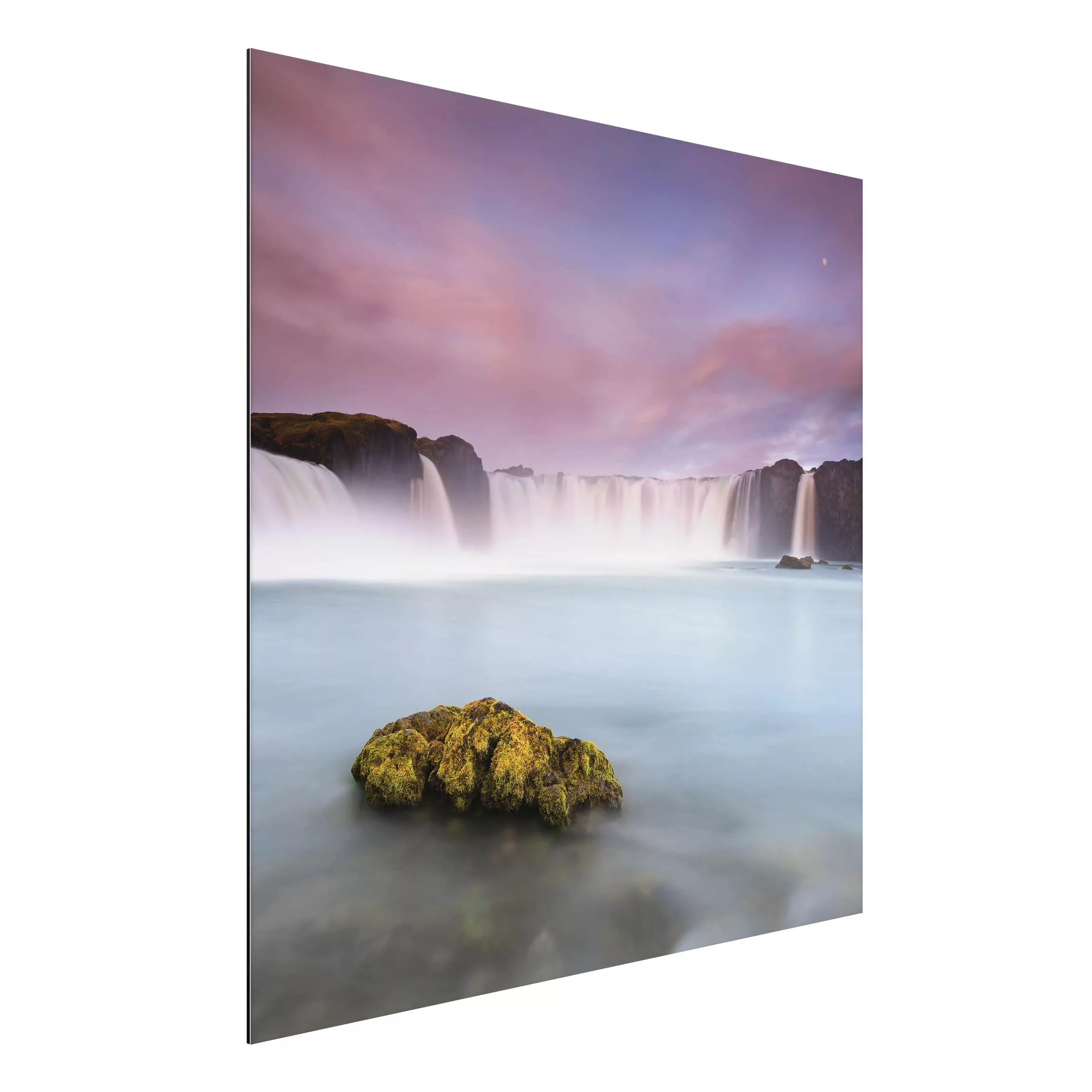 Alu-Dibond Bild Natur & Landschaft - Quadrat Goðafoss und der Mond günstig online kaufen