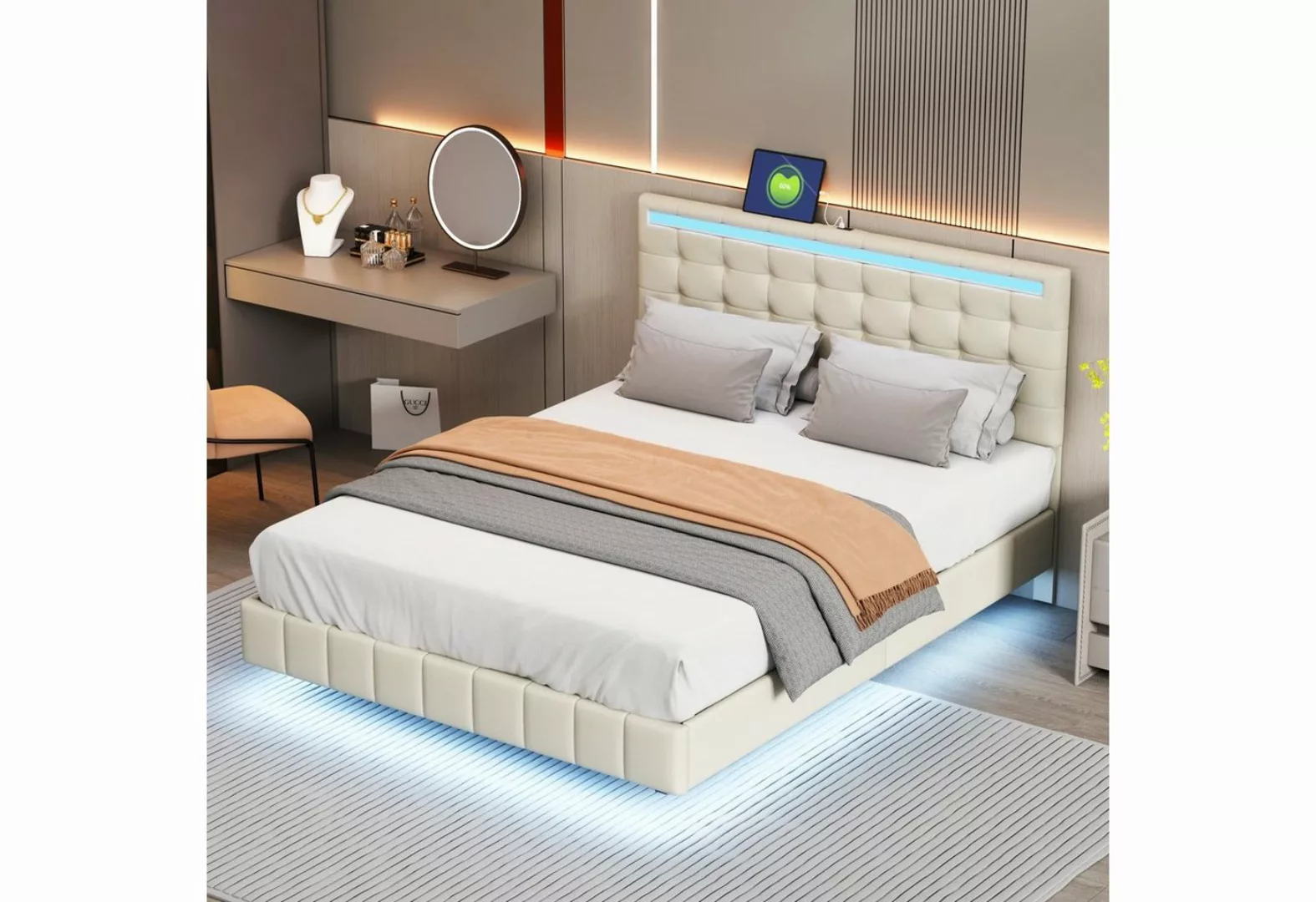 Flieks Polsterbett, LED-Beleuchtung Doppelbett Schwebebettrahmen 140x200cm günstig online kaufen