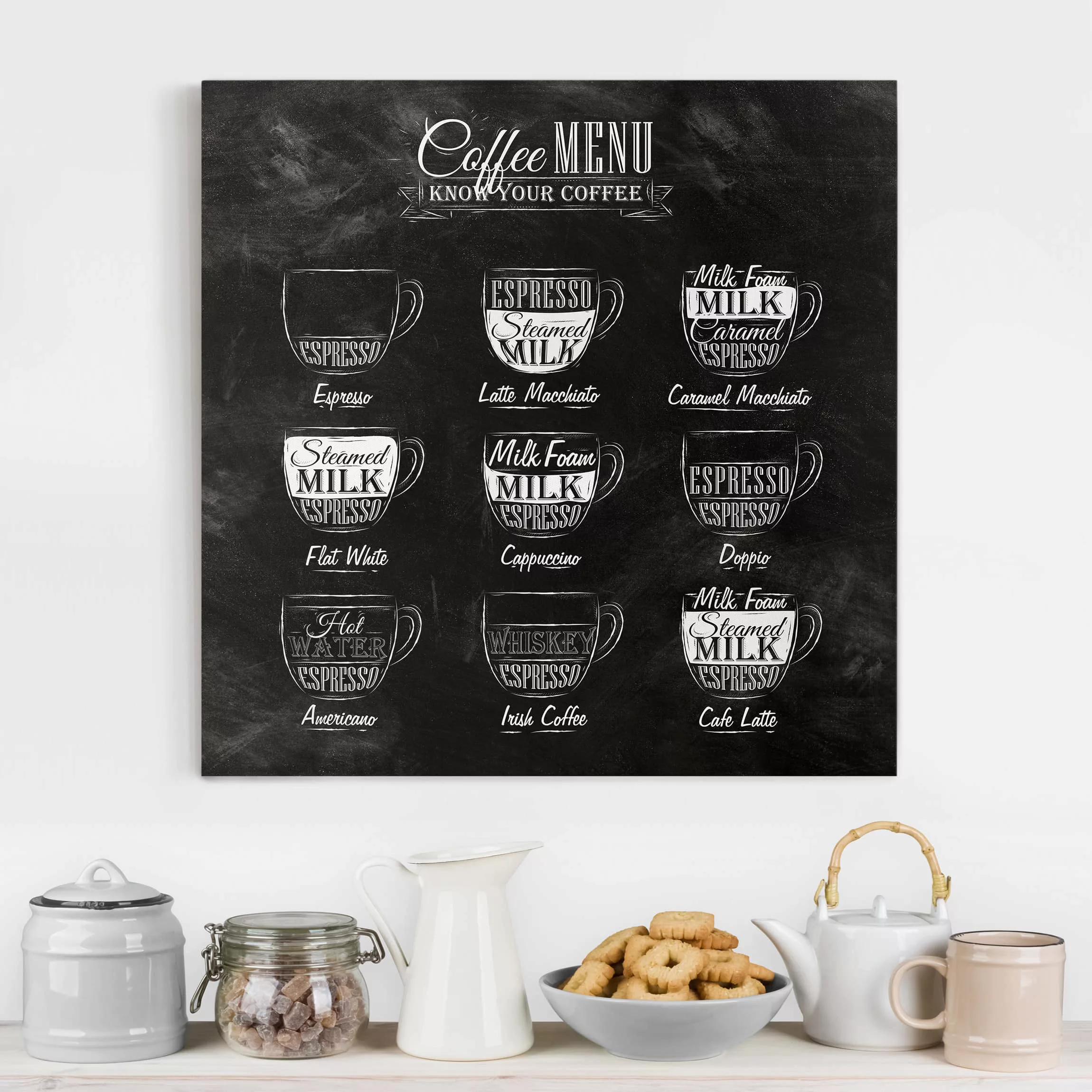 Leinwandbild Küche - Quadrat Kaffeesorten Kreidetafel günstig online kaufen