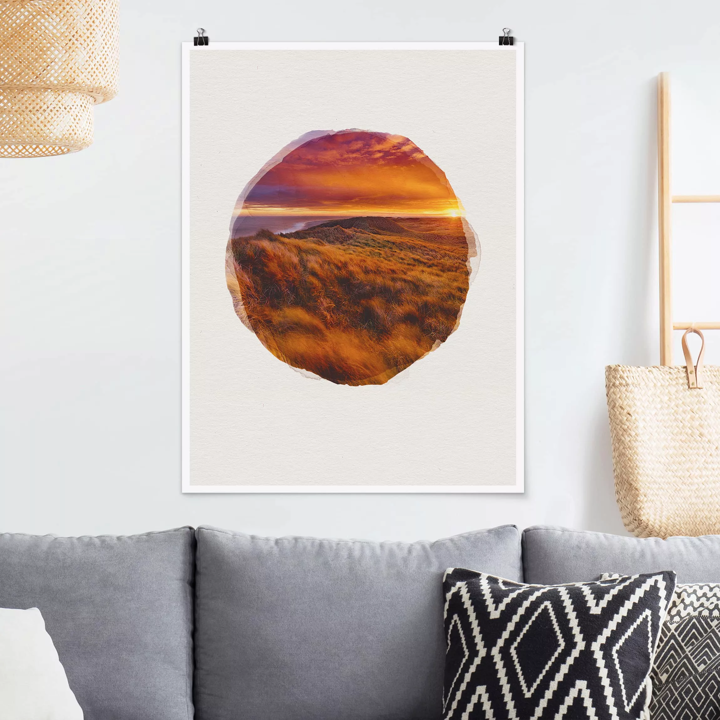 Poster Strand - Hochformat Wasserfarben - Sonnenaufgang am Strand auf Sylt günstig online kaufen