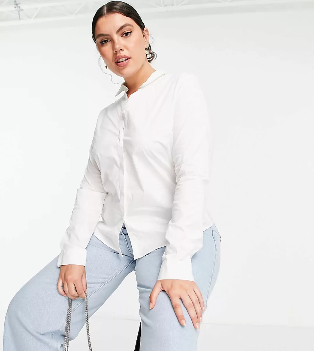 ASOS DESIGN Curve – Langärmliges, figurbetontes Hemd aus Baumwollstretch in günstig online kaufen