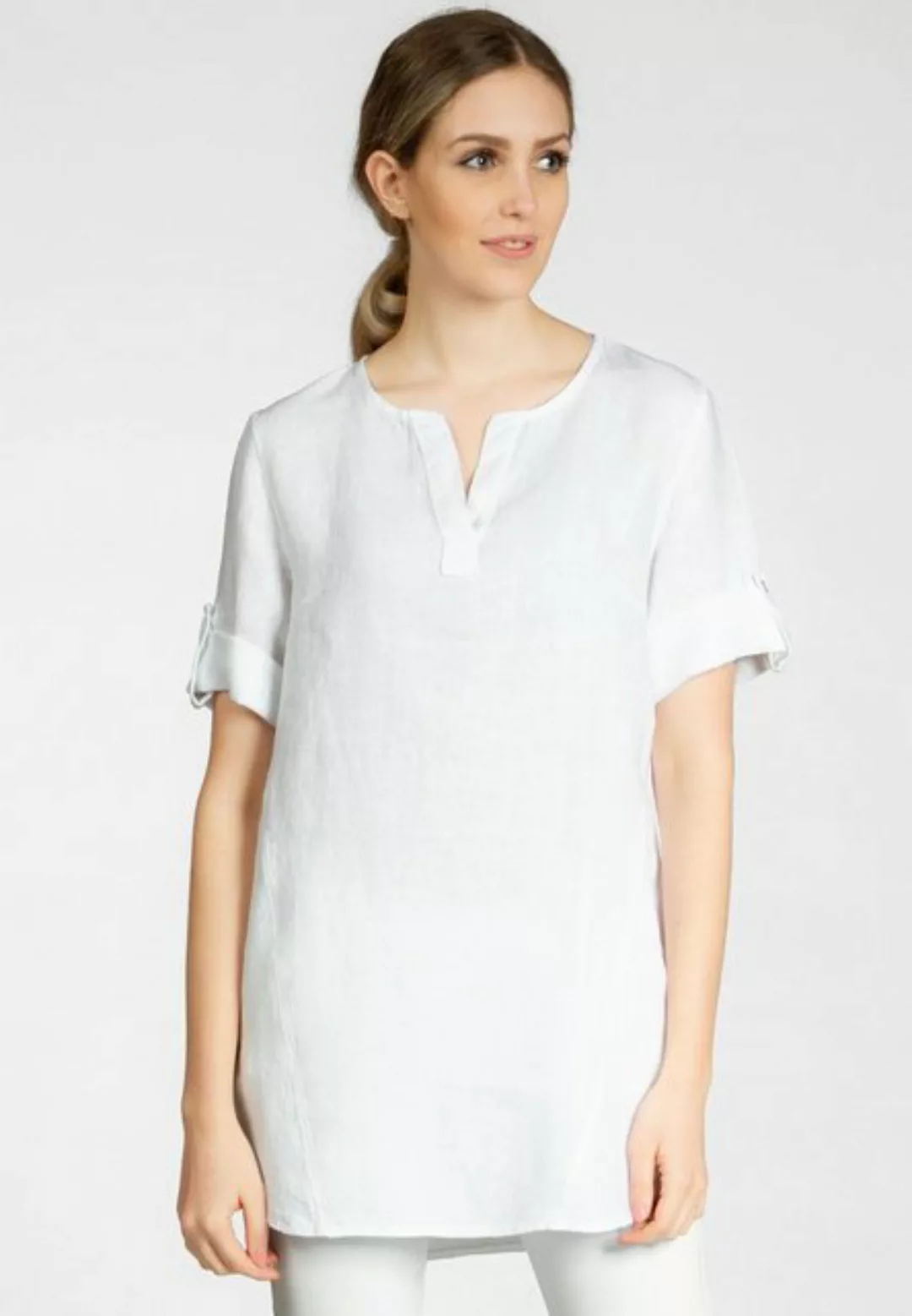 Caspar Longbluse BLU023 lange elegante Damen Halbarm Sommer Leinenbluse günstig online kaufen