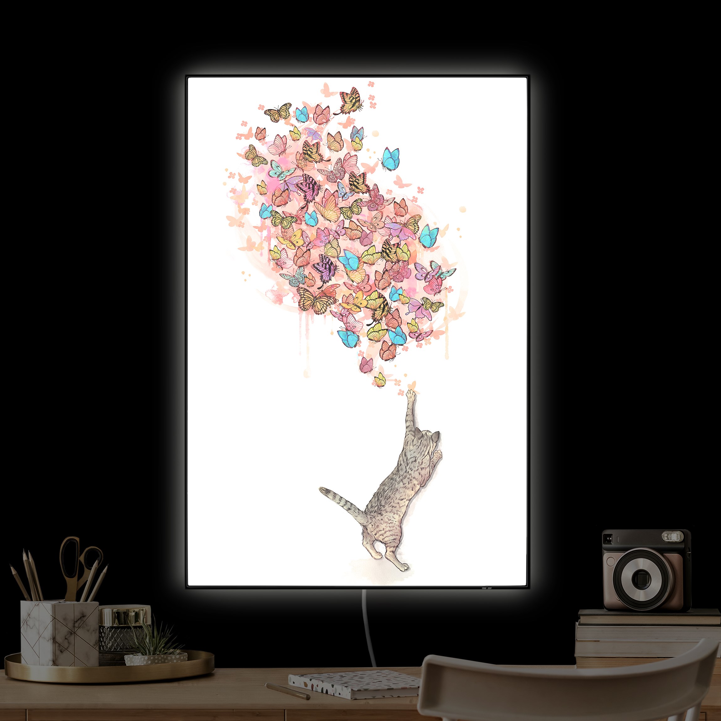 LED-Wechselbild Illustration Katze mit bunten Schmetterlingen Malerei günstig online kaufen