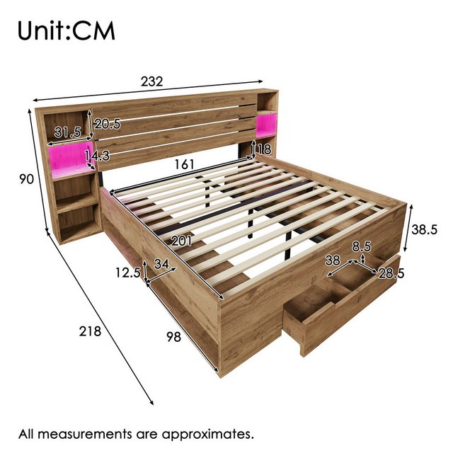 Flieks Holzbett, LED Doppelbett 160×200cm mit Aufladen, Stauraumfächer und günstig online kaufen