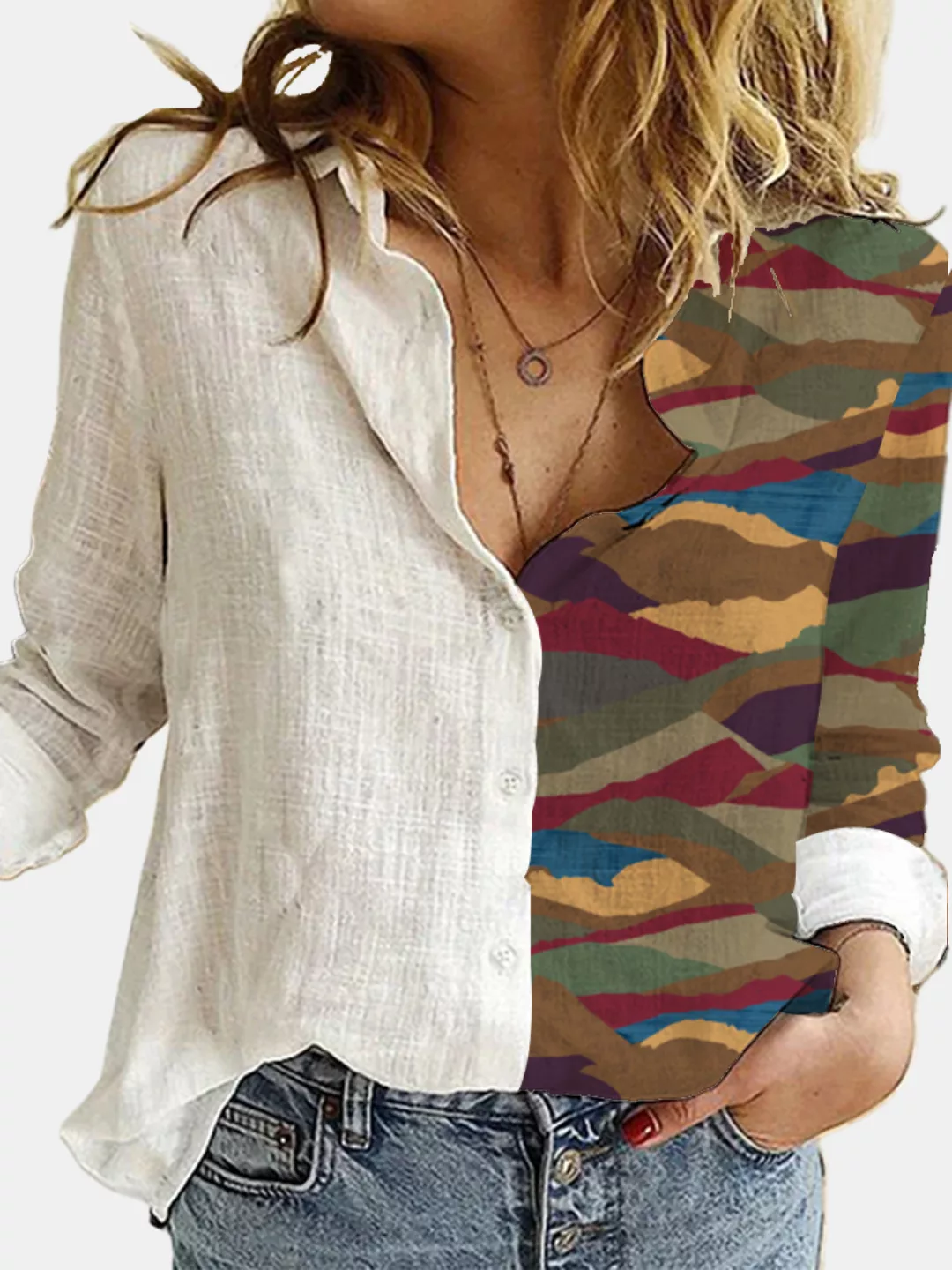 Print Patchwork Button Revers Kragen Shirt für Damen günstig online kaufen