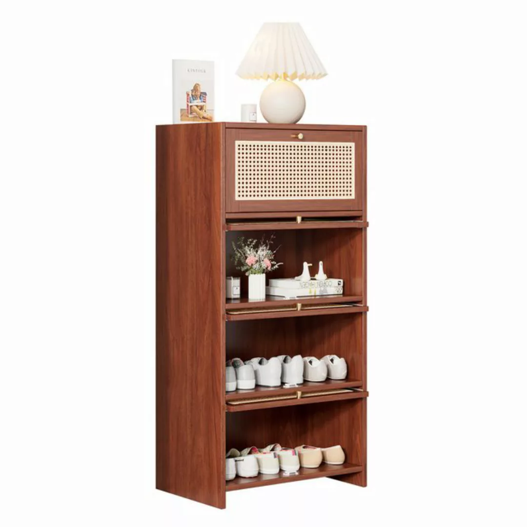 Rutaqian Schuhschrank Nussbaumfarbenes Rattan-Sideboard, 3 Rattan-Staufäche günstig online kaufen