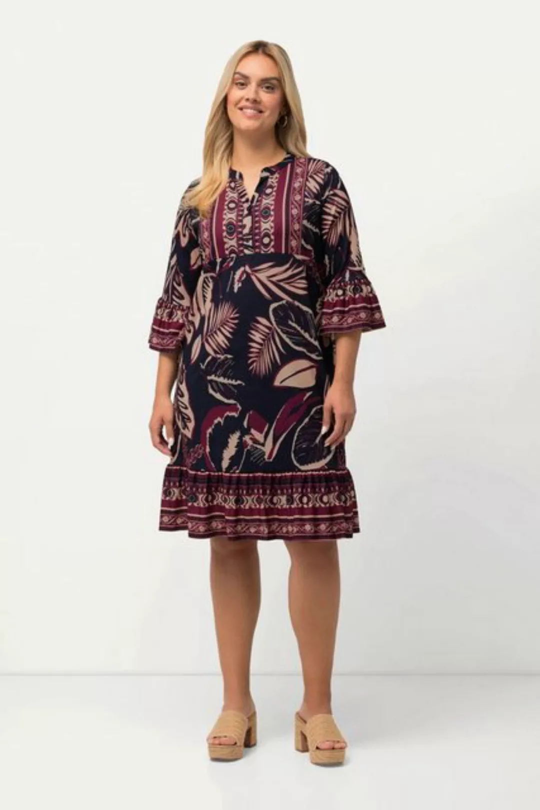 Ulla Popken Midikleid Minikleid Blätter A-Linie V-Ausschnitt 3/4-Arm günstig online kaufen