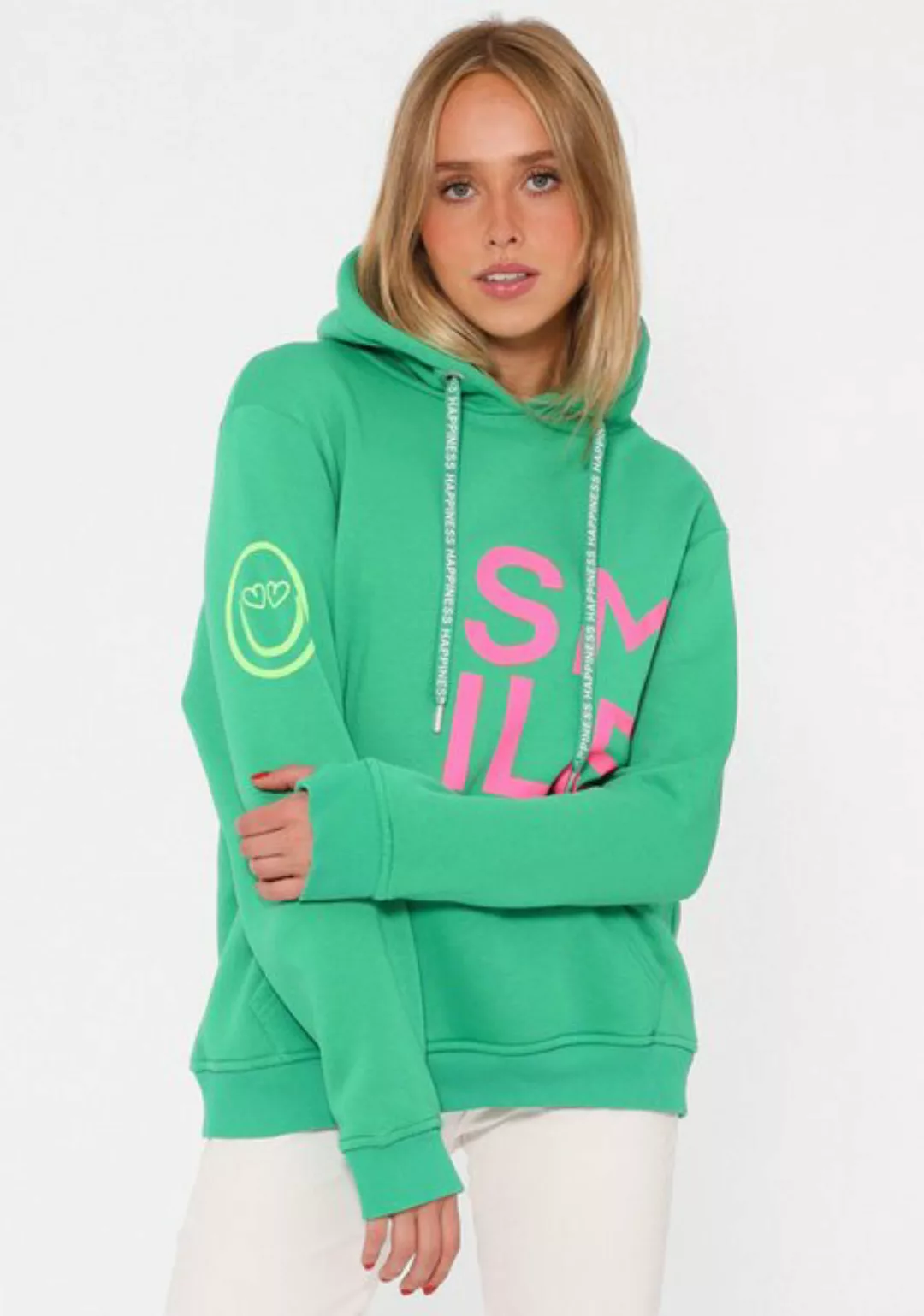 Zwillingsherz Kapuzensweatshirt, mit gesticktem Neon Smiley und Kordel mit günstig online kaufen