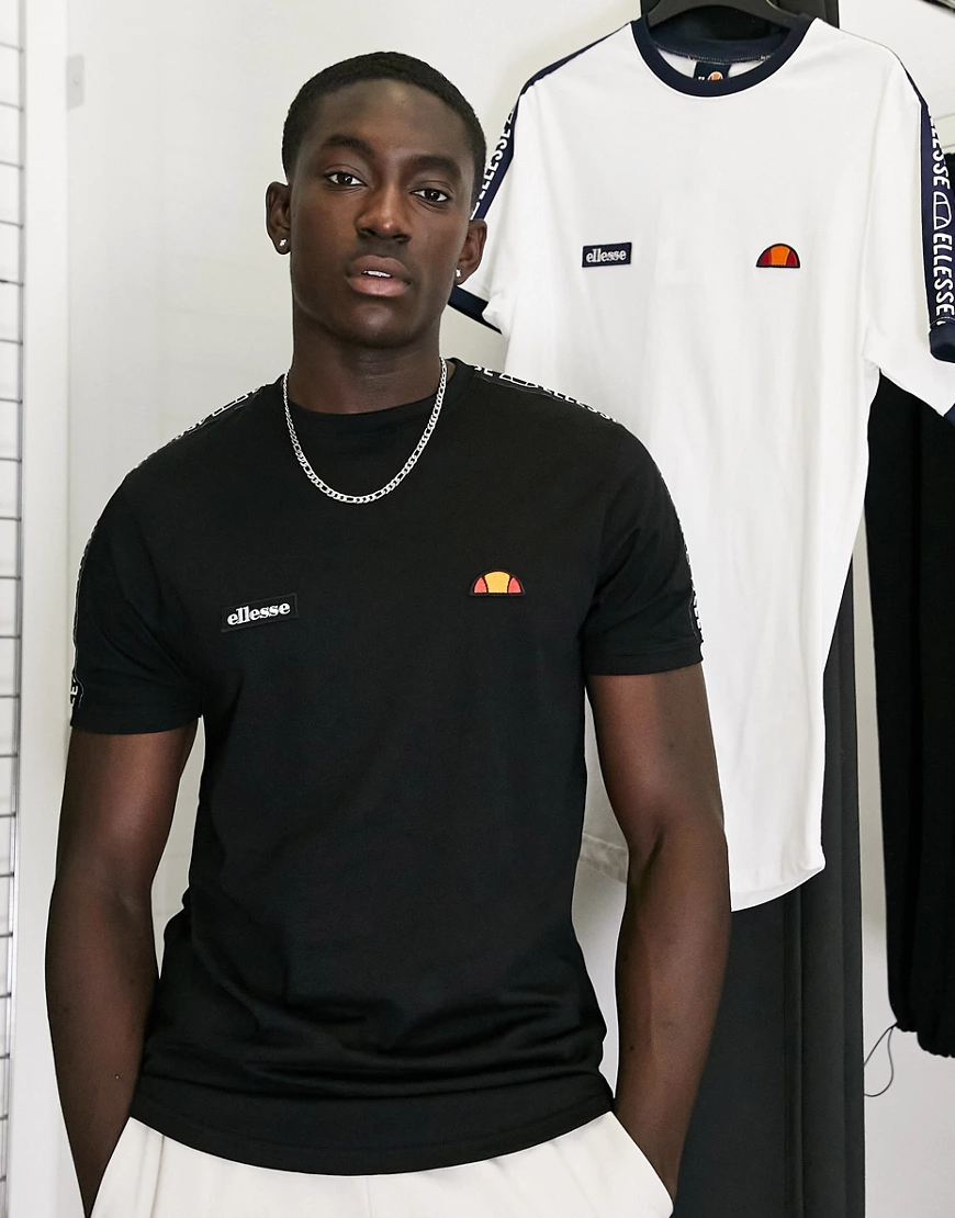 ellesse – Fede – Schwarzes T-Shirt mit Bandverzierung günstig online kaufen