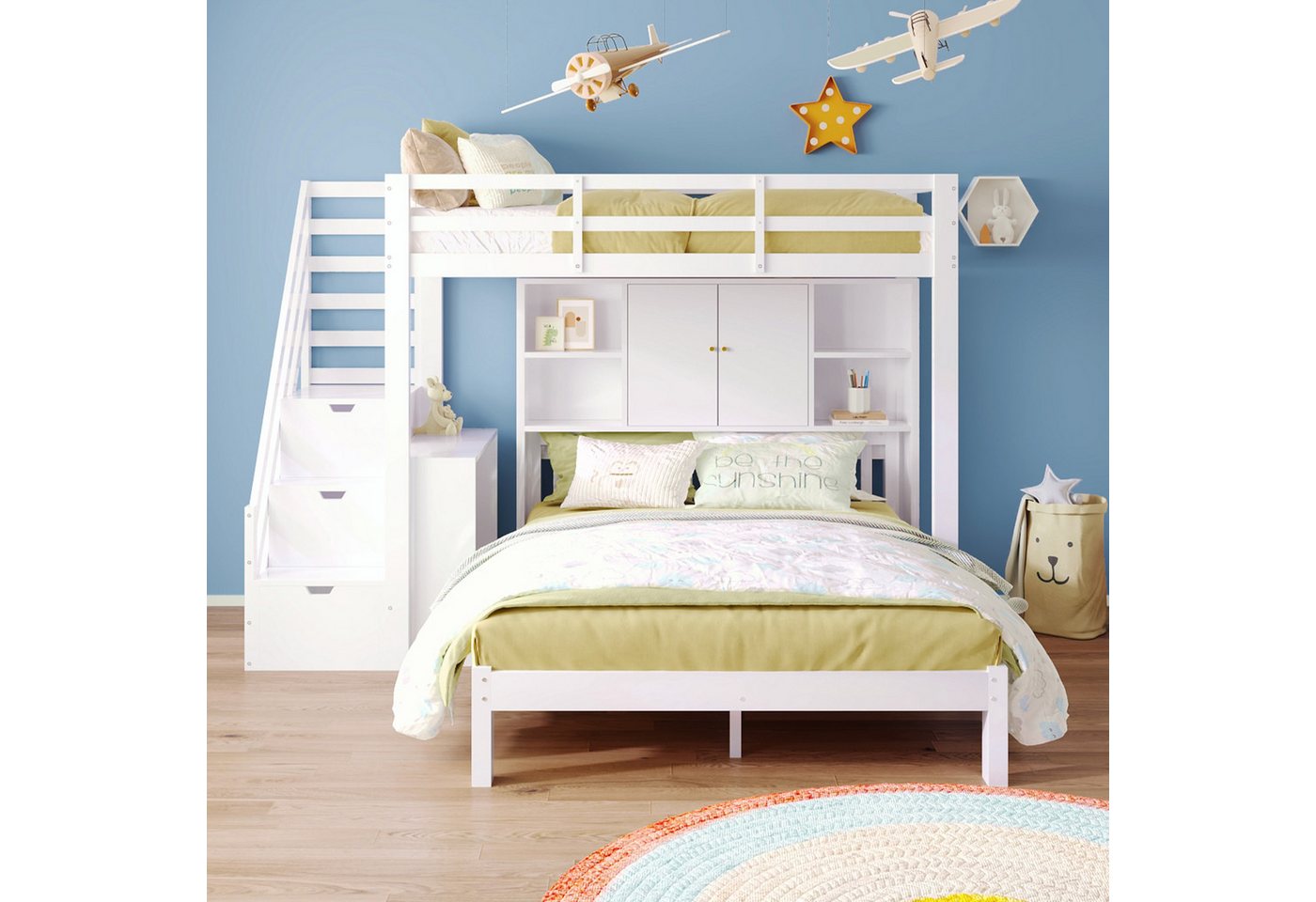 Flieks Etagenbett, Kinderbett 90x200cm+140x200cm mit Stauraumtreppe, Tisch günstig online kaufen