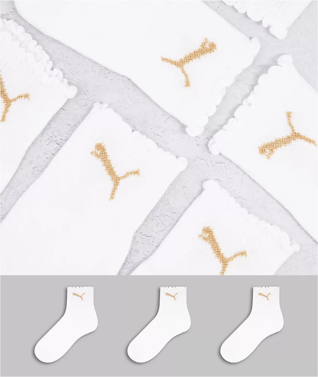 Puma – Socken in Weiß und Gold mit Rüschenborte im 3er-Pack günstig online kaufen