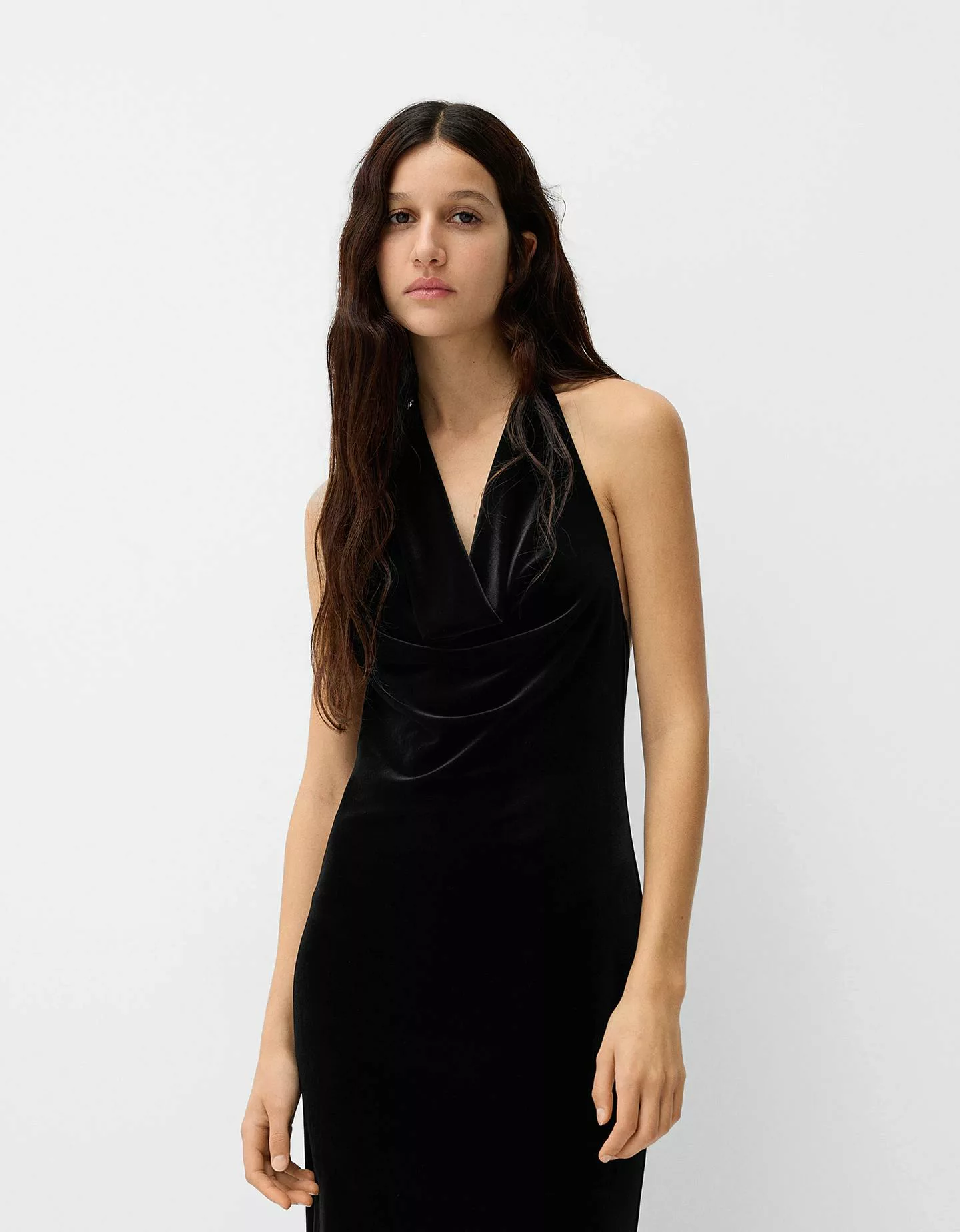 Bershka Velvet Midikleid Neckholder Damen L Schwarz günstig online kaufen