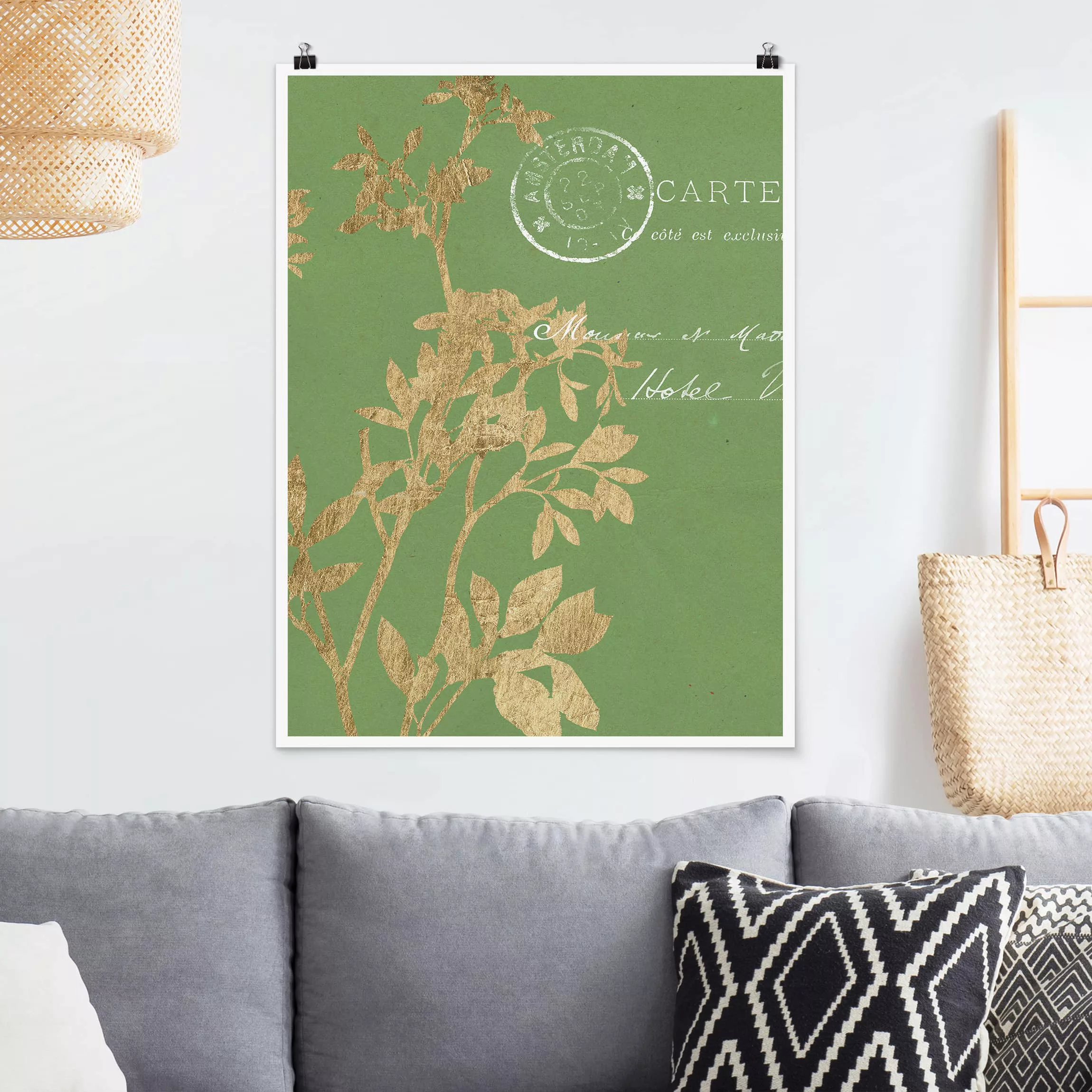 Poster Blumen - Hochformat Goldene Blätter auf Lind I günstig online kaufen