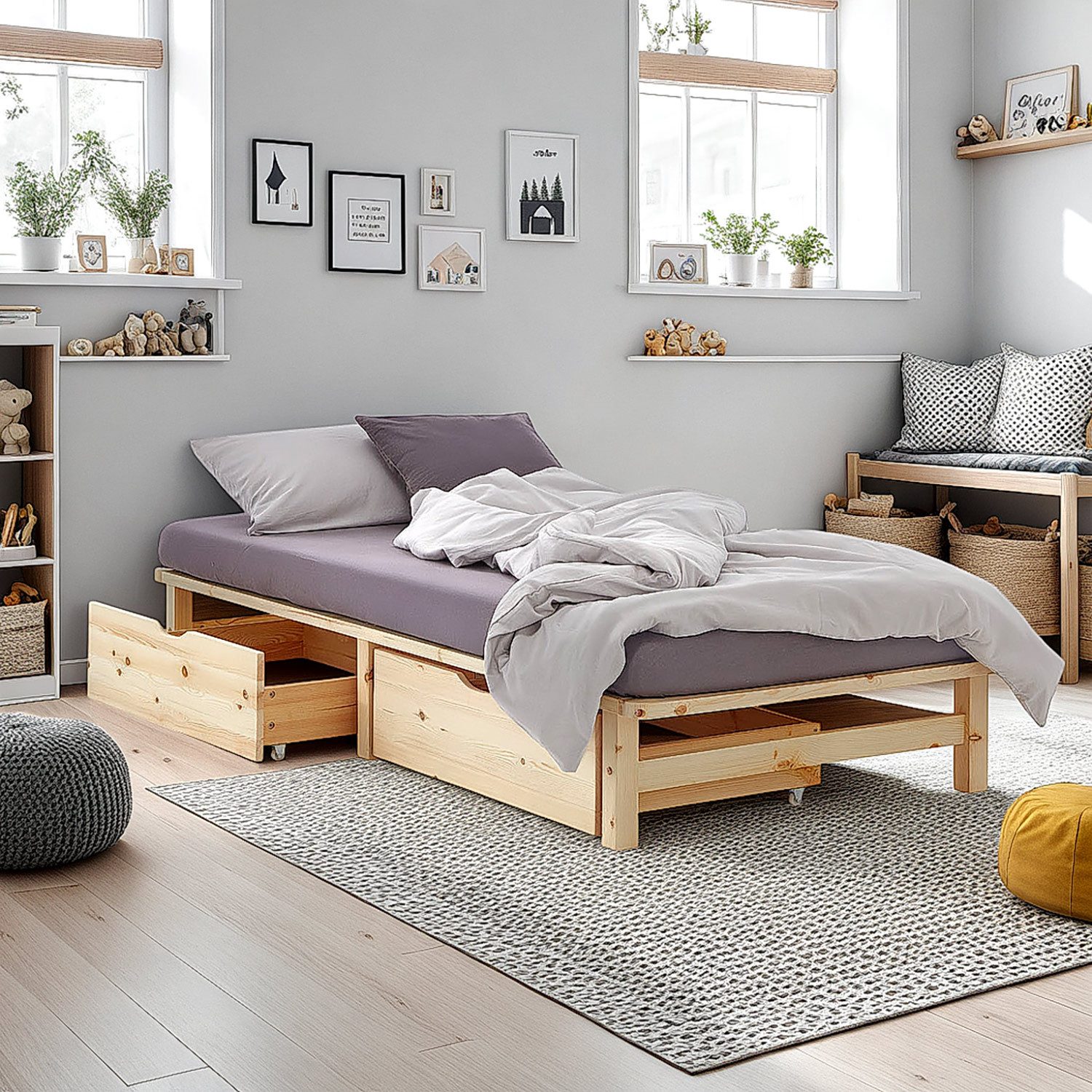 Homestyle4u Holzbett Palettenbett 90x200 mit Matratze Grau Bett 2049 günstig online kaufen