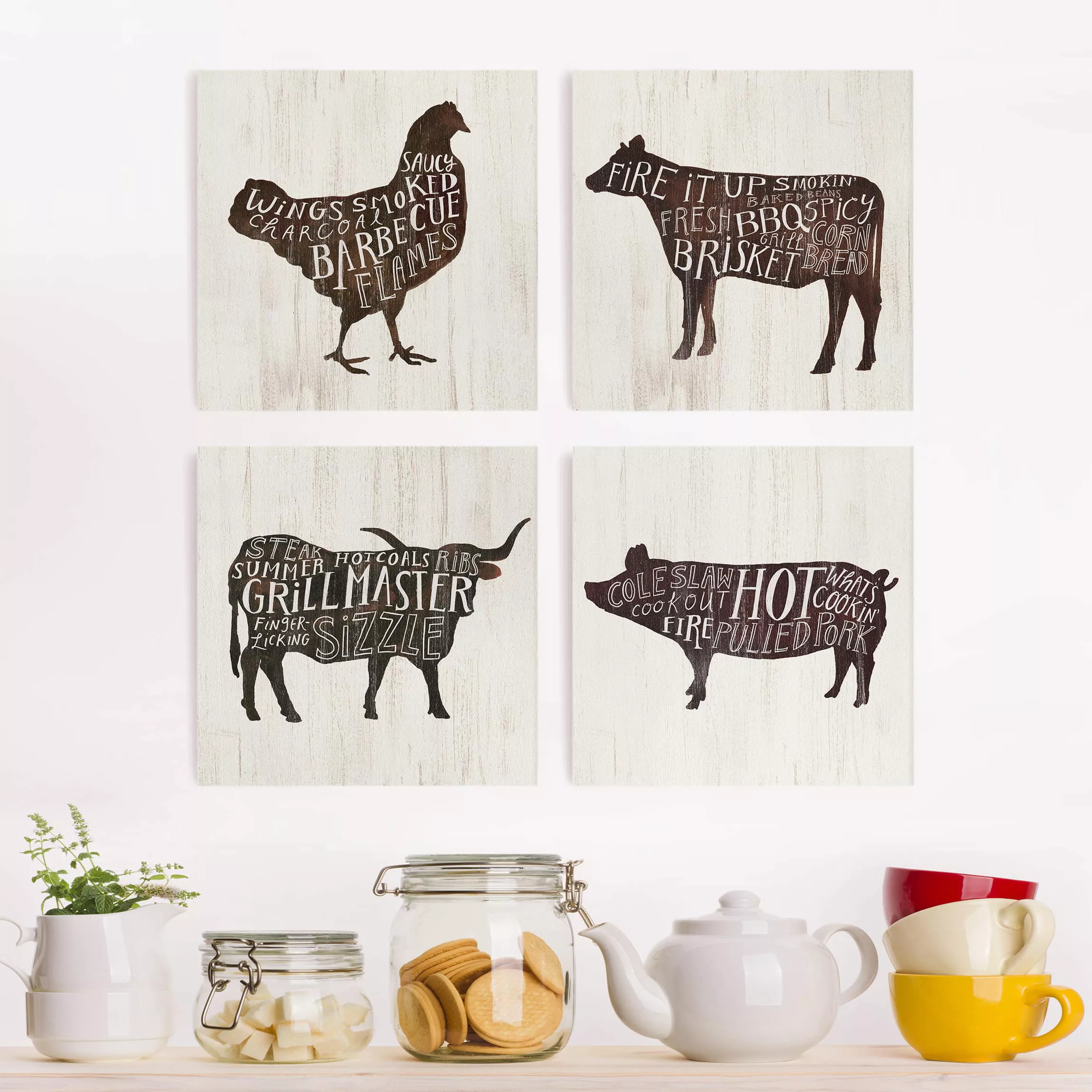 4-teiliges Leinwandbild Küche - Quadrat Bauernhof BBQ Set I günstig online kaufen