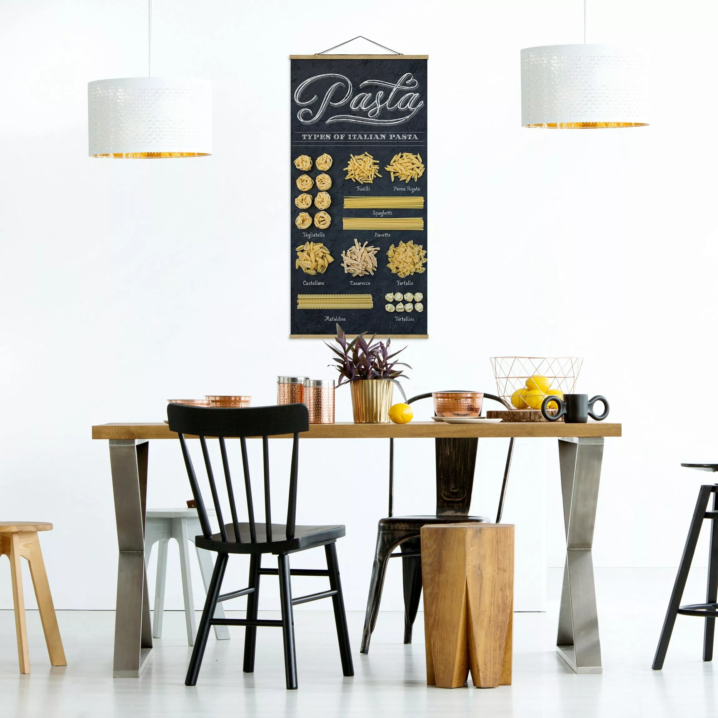Stoffbild Küche mit Posterleisten - Hochformat Italienischen Nudelsorten günstig online kaufen