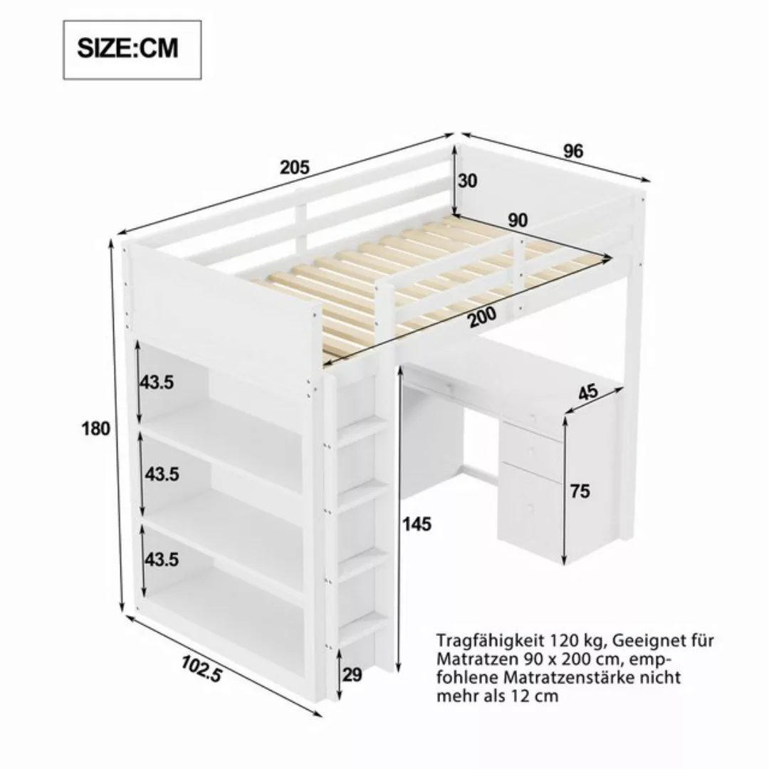 Flieks Hochbett Kinderbett Etagenbett 90x200cm mit Ablagefächer und Compute günstig online kaufen