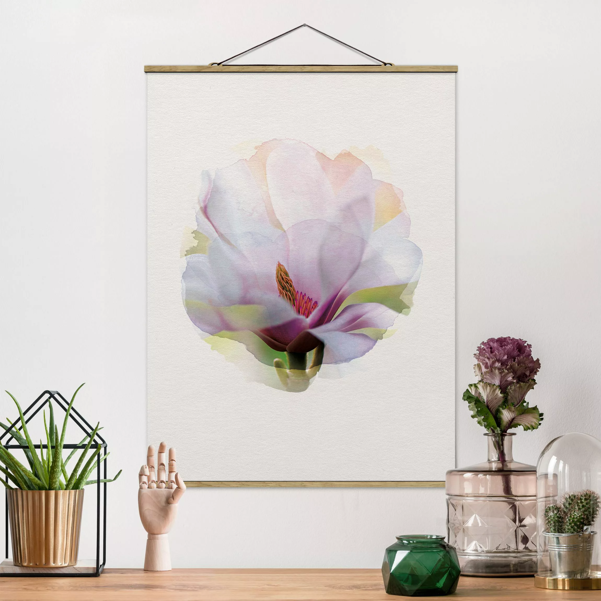 Stoffbild Blumen mit Posterleisten - Hochformat Wasserfarben - Zarte Magnol günstig online kaufen
