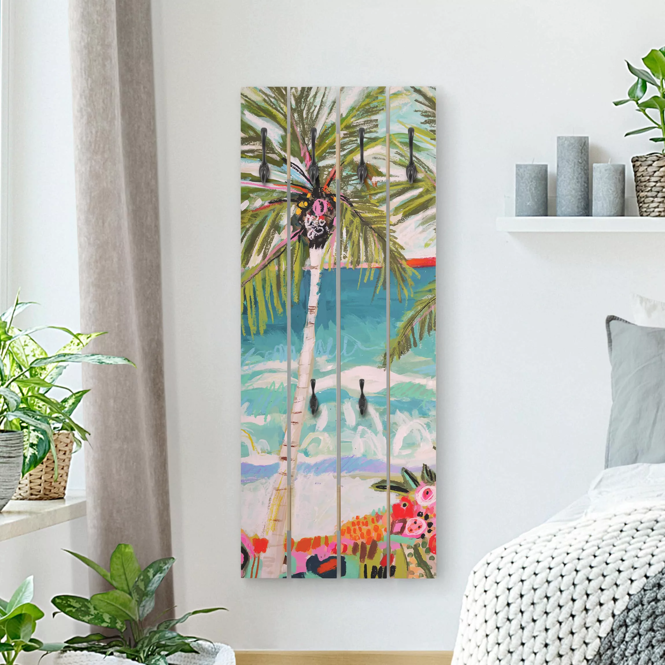 Wandgarderobe Holzpalette Botanik & Tropical Palme mit pinken Blumen I günstig online kaufen