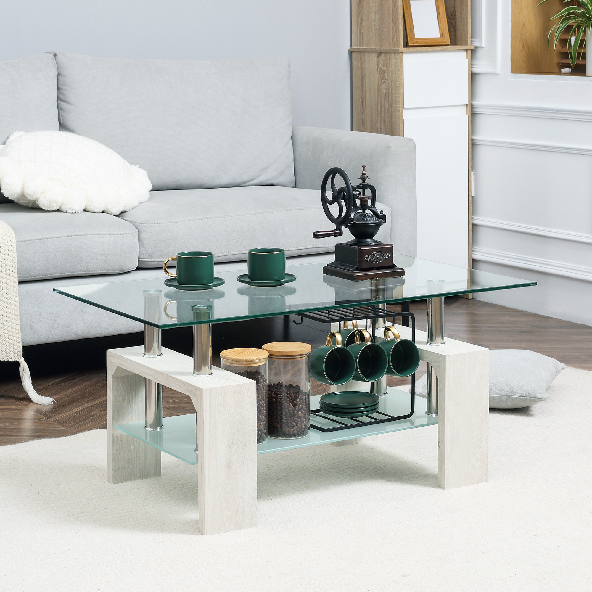 HOMCOM Couchtisch mit 2 Ebenen, Moderner Wohnzimmertisch mit Glasplatte und günstig online kaufen