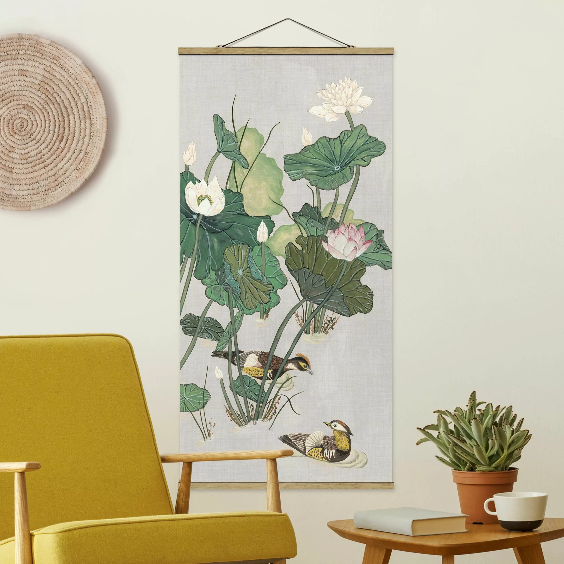 Stoffbild Blumen mit Posterleisten - Hochformat Vintage Illustration Lotusb günstig online kaufen