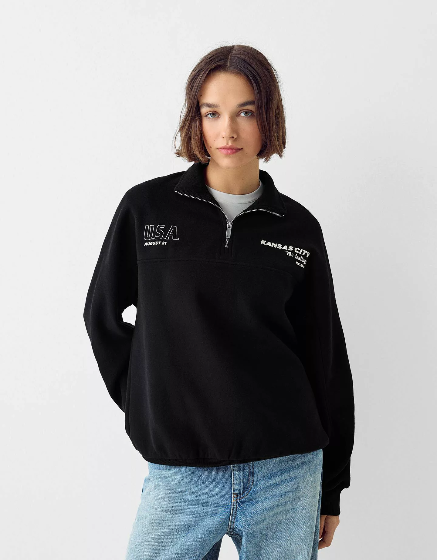 Bershka Bedruckte Sweatshirtjacke Damen S Schwarz günstig online kaufen