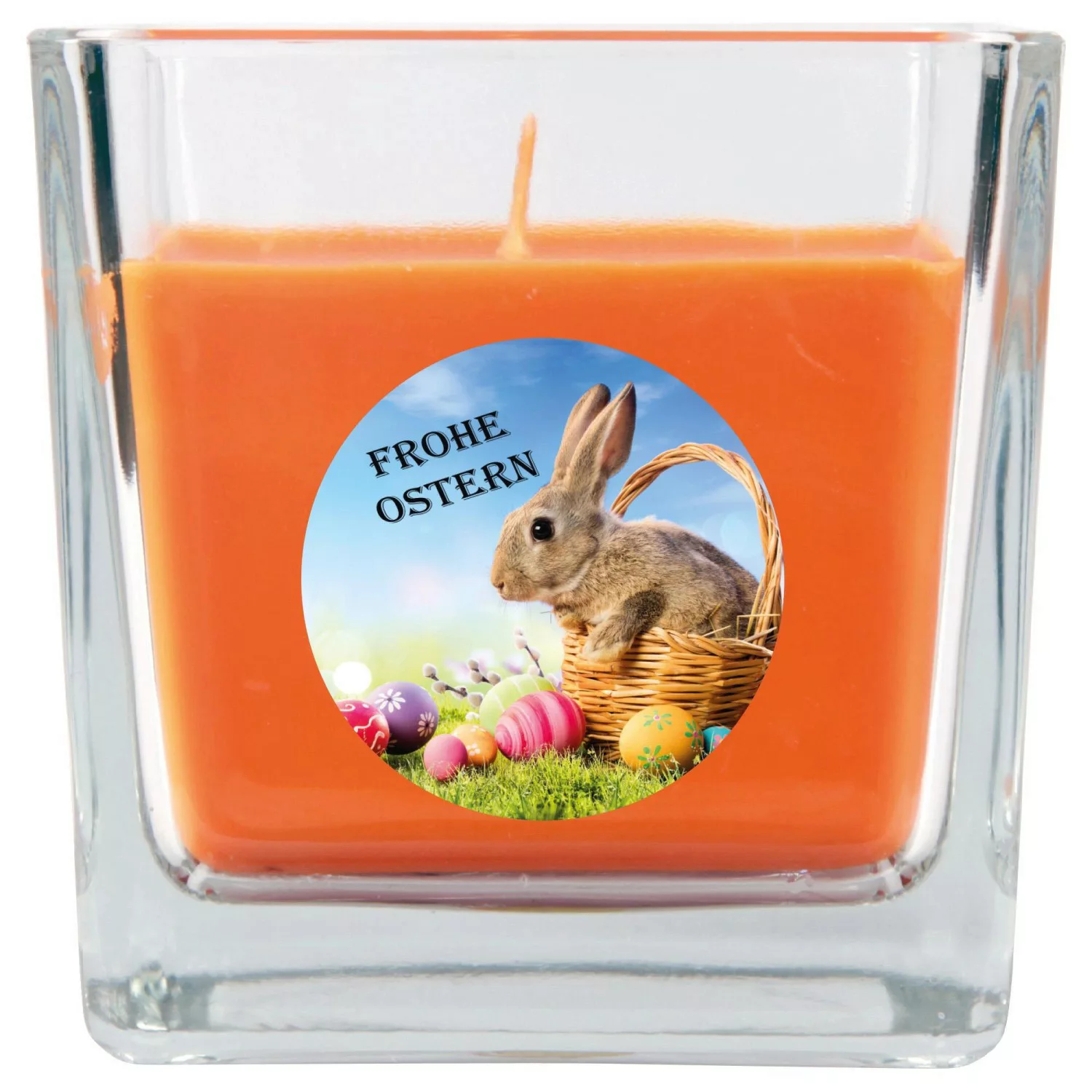 HS Candle Duftkerze & Glas Ostern Orange Viereck 50h Hase & Korb günstig online kaufen