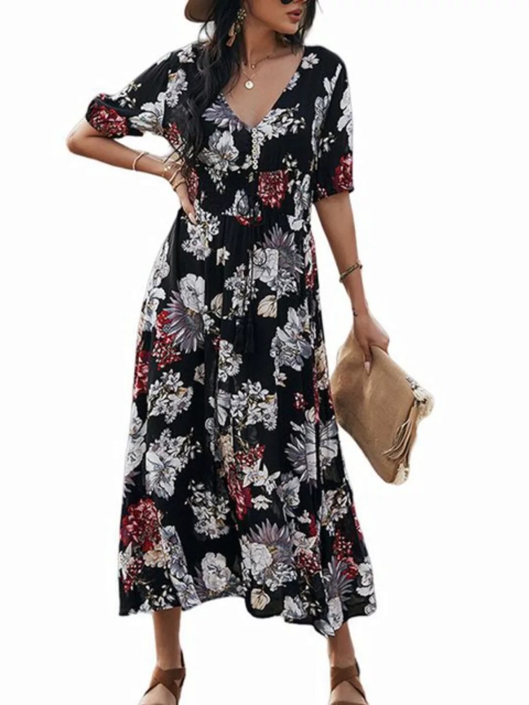 B.X Sommerkleid Damen Boho-Blumendruck, kurzärmelig elastische Taille, Stra günstig online kaufen