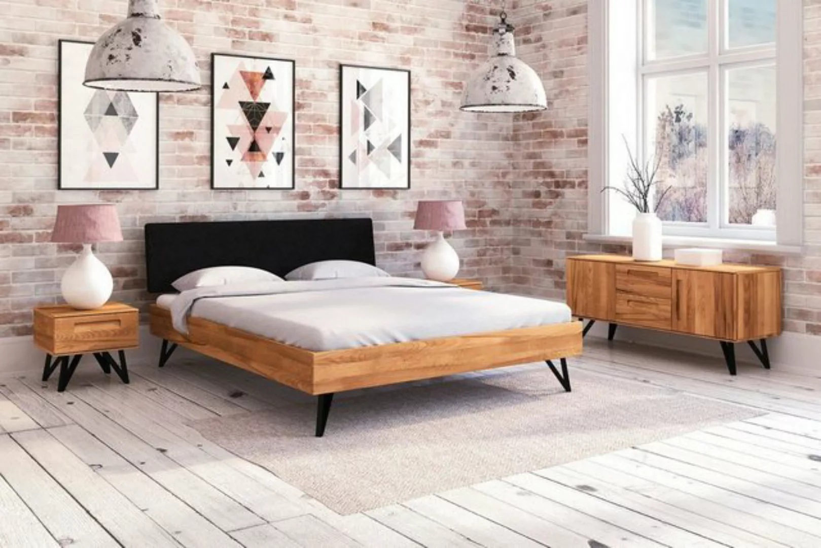 Natur24 Einzelbett Bett Rolo 1 in 90x200cm Wildeiche mit Polsterkopfteil in günstig online kaufen