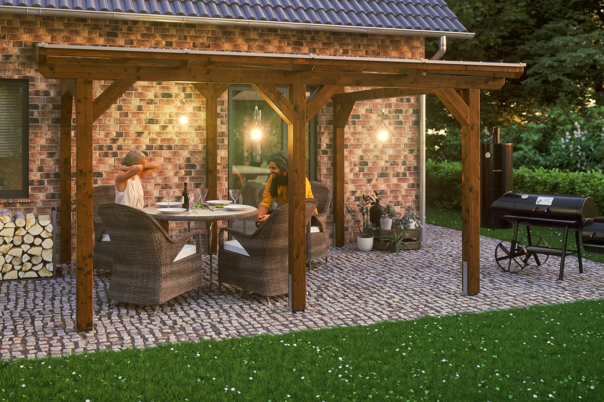 Skan Holz Terrassenüberdachung Siena 434 x 300 cm Leimholz Nussbaum günstig online kaufen