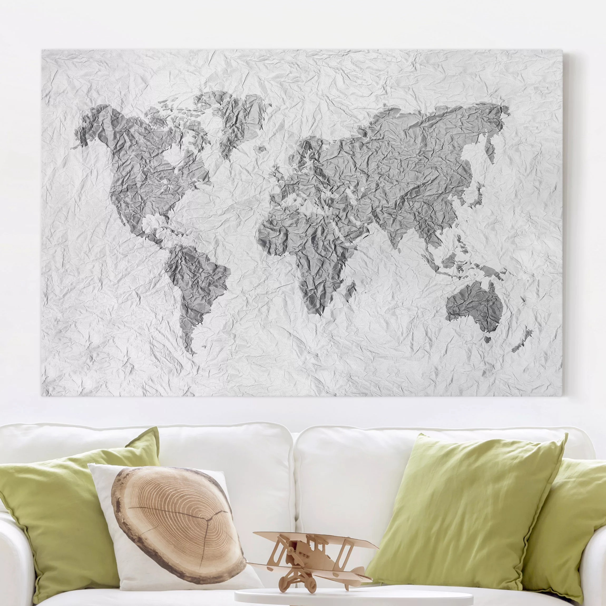 Leinwandbild Weltkarte - Querformat Papier Weltkarte Weiß Grau günstig online kaufen