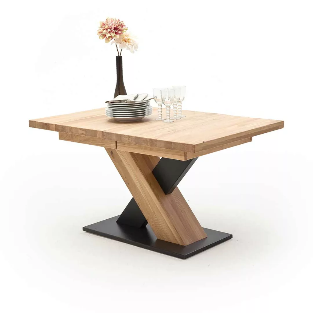 Ausziehbarer Tisch in Eiche Bianco und Schwarz Säulengestell günstig online kaufen