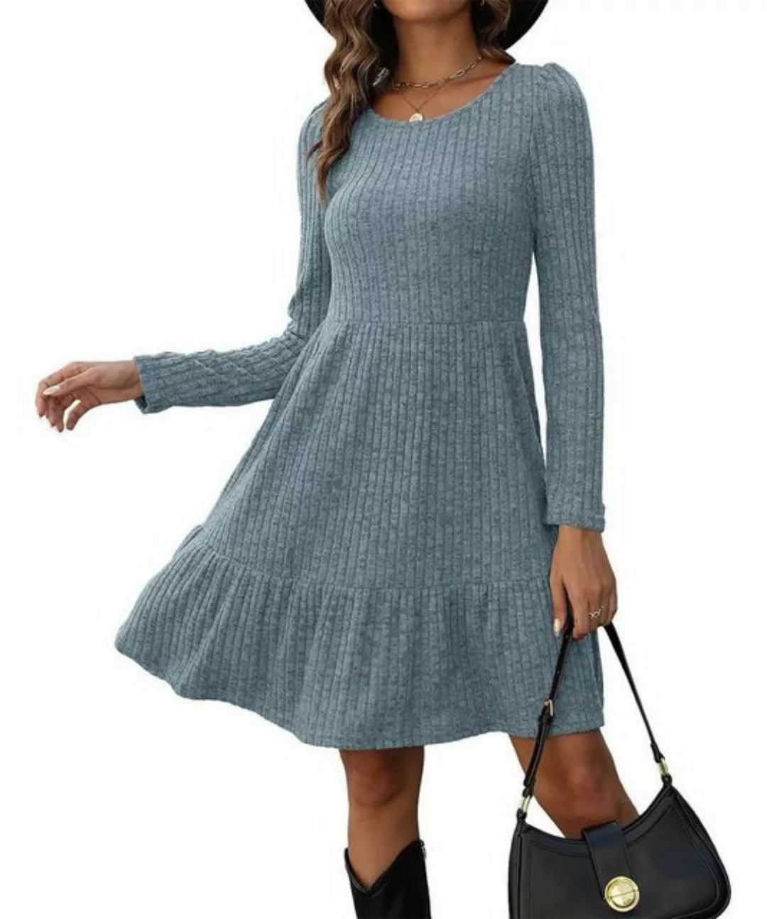 B.X Jerseykleid Damen langen Ärmeln Strickkleid reine Farbe Schlieren Cockt günstig online kaufen